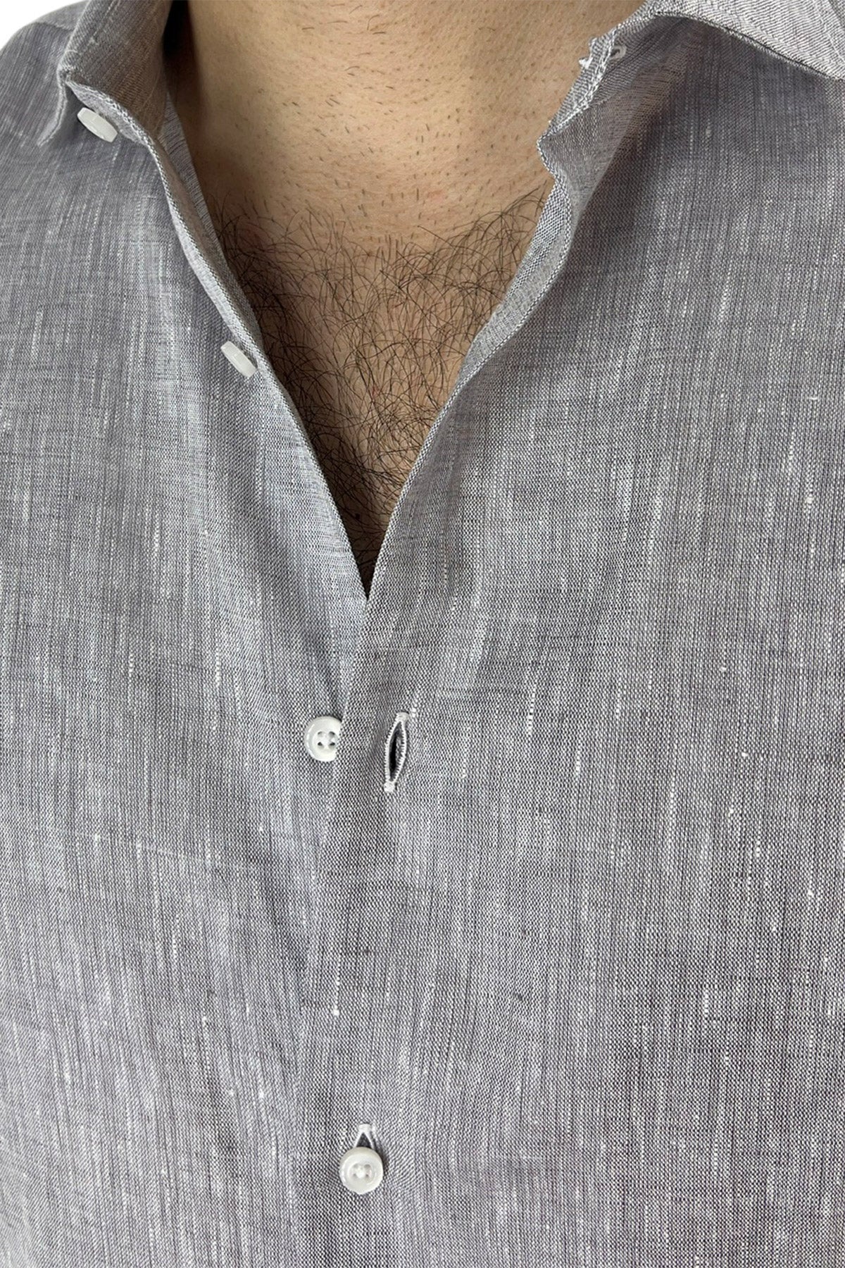 Camicia Uomo grigio chiaro in Lino 100% made in italy collo semi francese morbido regular fit effetto melange