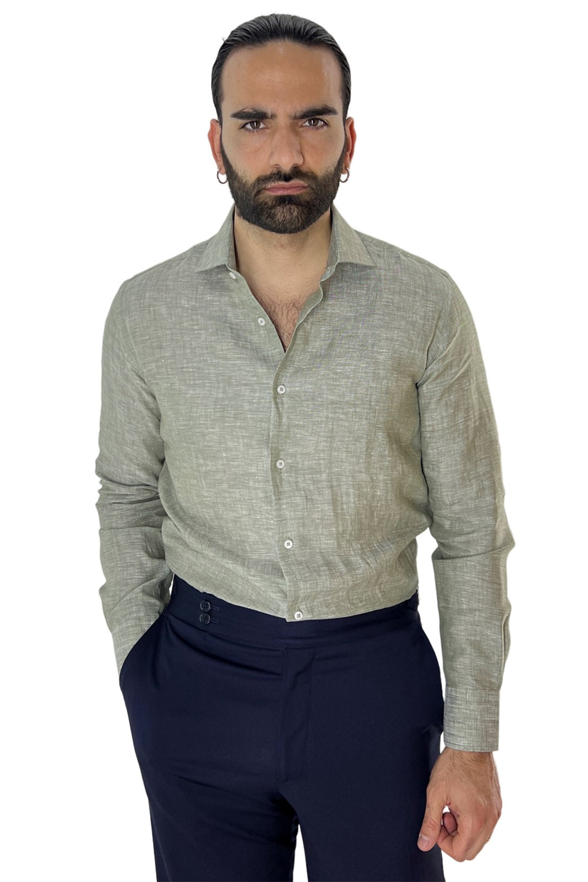 Camicia Uomo verde militare in Lino 100% made in italy collo semi francese morbido regular fit effetto melange