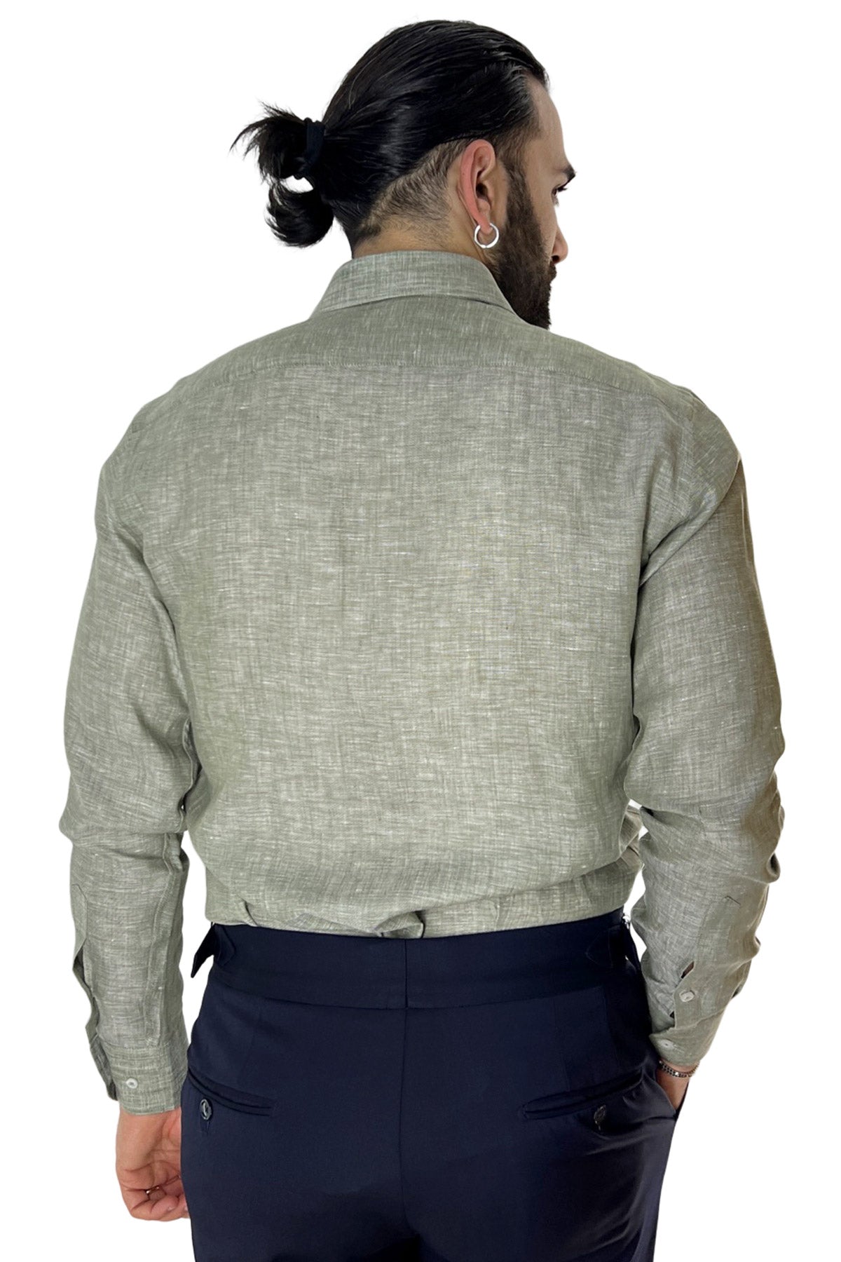Camicia Uomo verde militare in Lino 100% made in italy collo semi francese morbido regular fit effetto melange