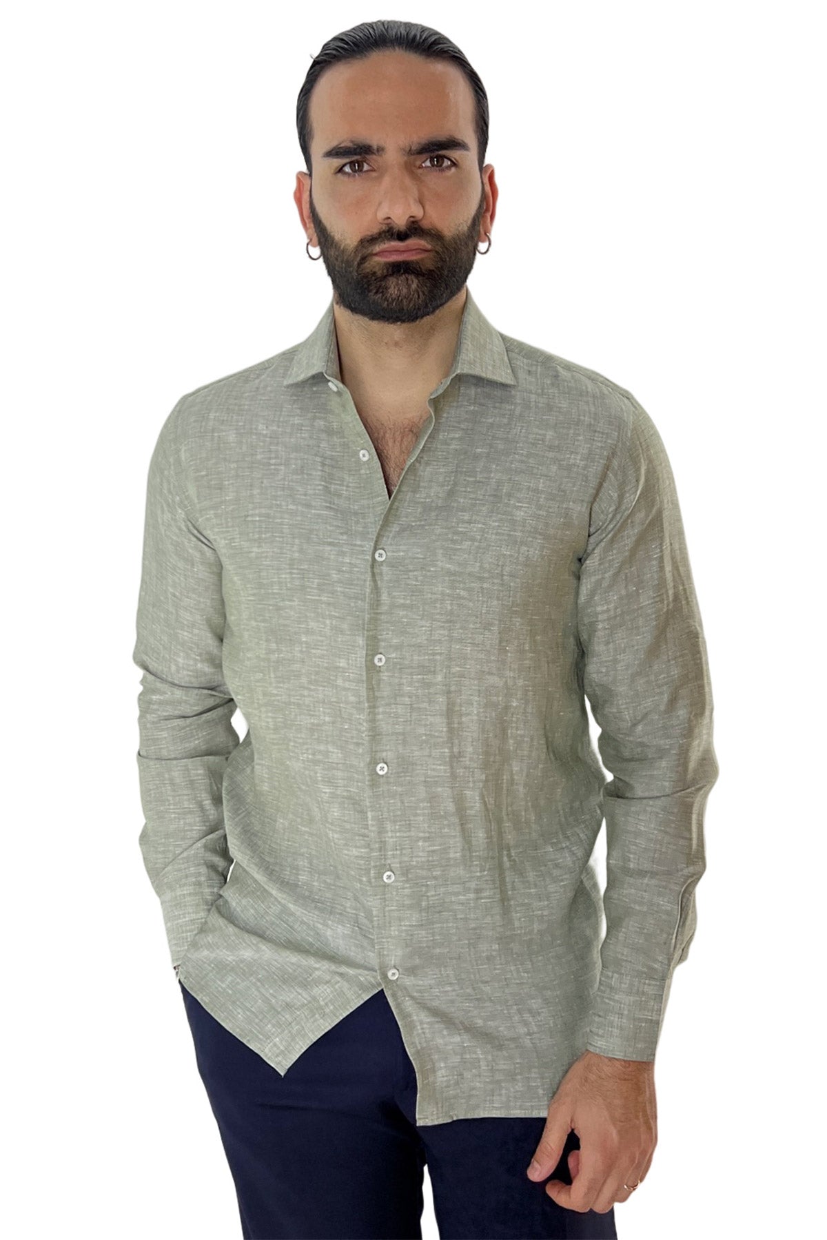 Camicia Uomo verde militare in Lino 100% made in italy collo semi francese morbido regular fit effetto melange