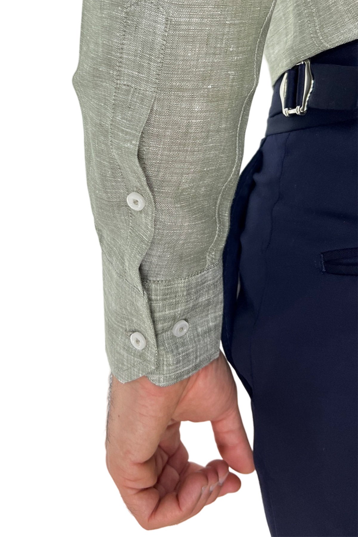 Camicia Uomo verde militare in Lino 100% made in italy collo semi francese morbido regular fit effetto melange
