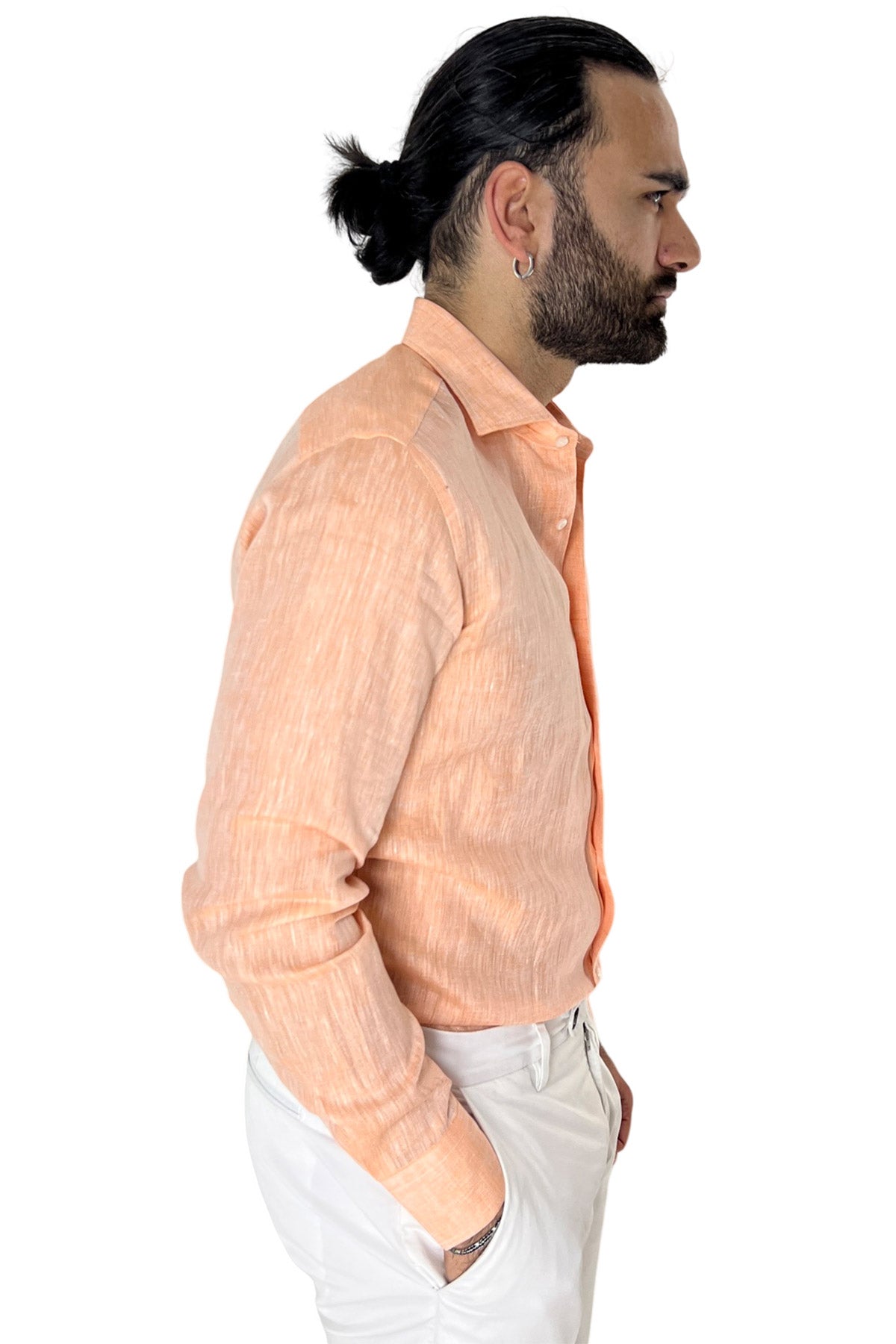 Camicia Uomo Arancio in Lino 100% made in italy collo semi francese morbido regular fit effetto melange