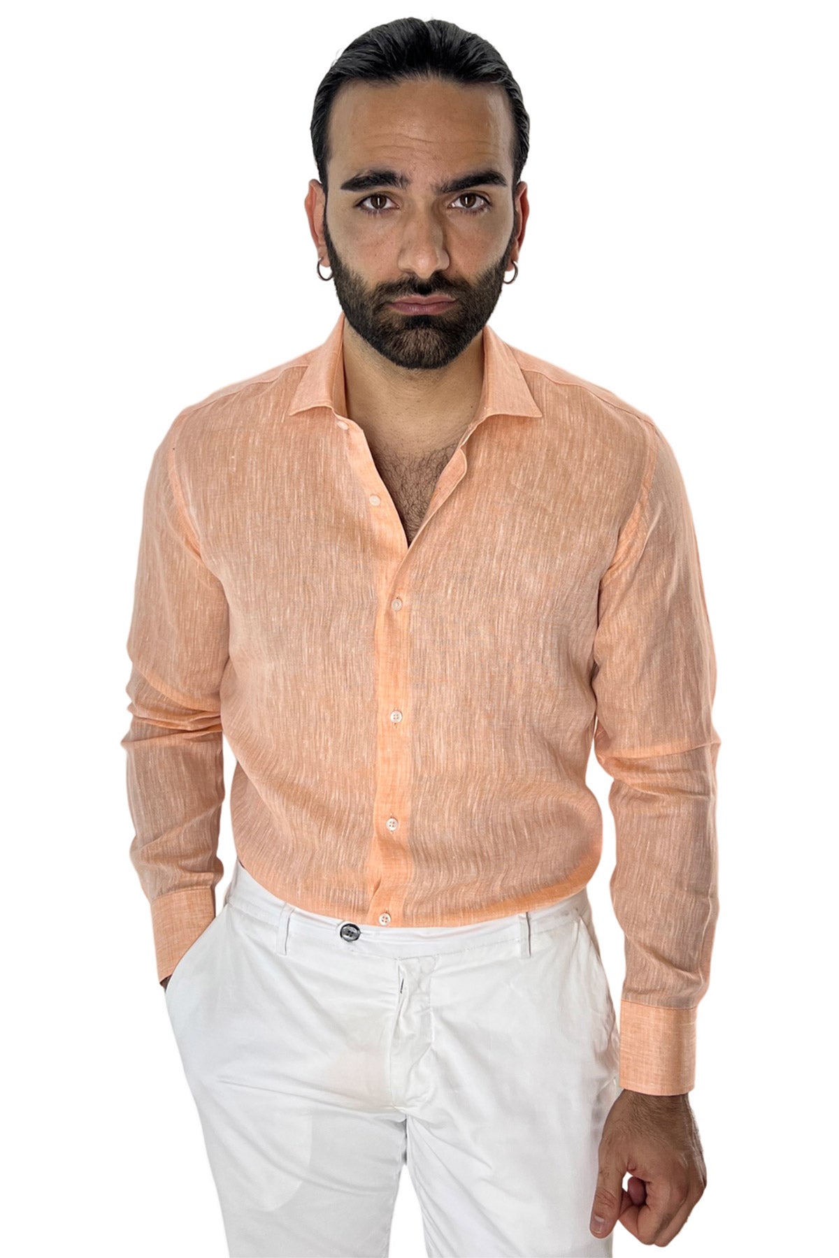 Camicia Uomo Arancio in Lino 100% made in italy collo semi francese morbido regular fit effetto melange