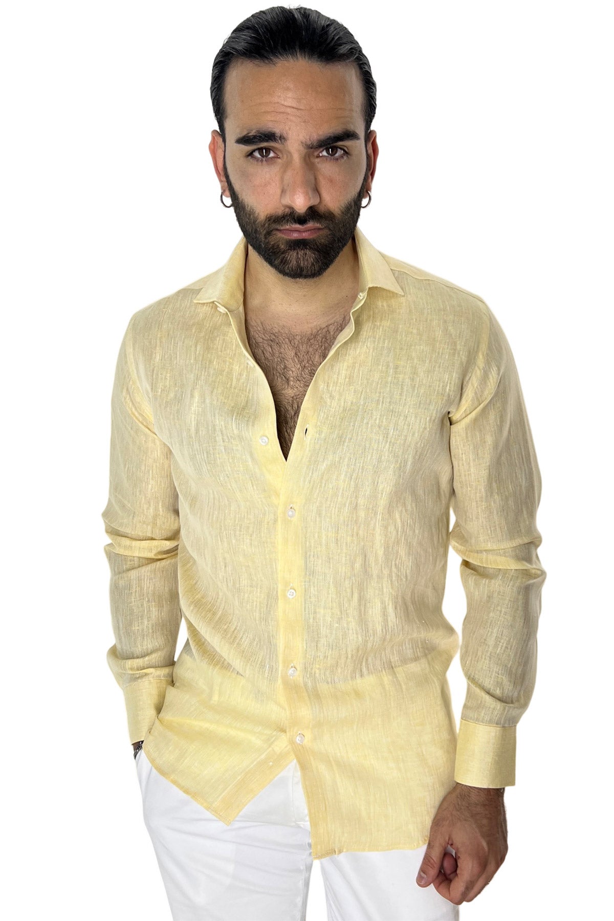Camicia Uomo Gialla in Lino 100% made in italy collo semi francese morbido regular fit effetto melange