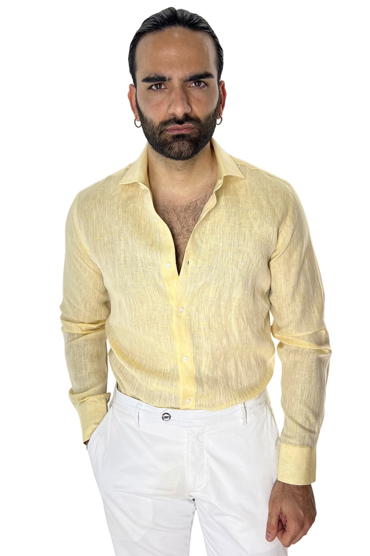 Camicia Uomo Gialla in Lino 100% made in italy collo semi francese morbido regular fit effetto melange
