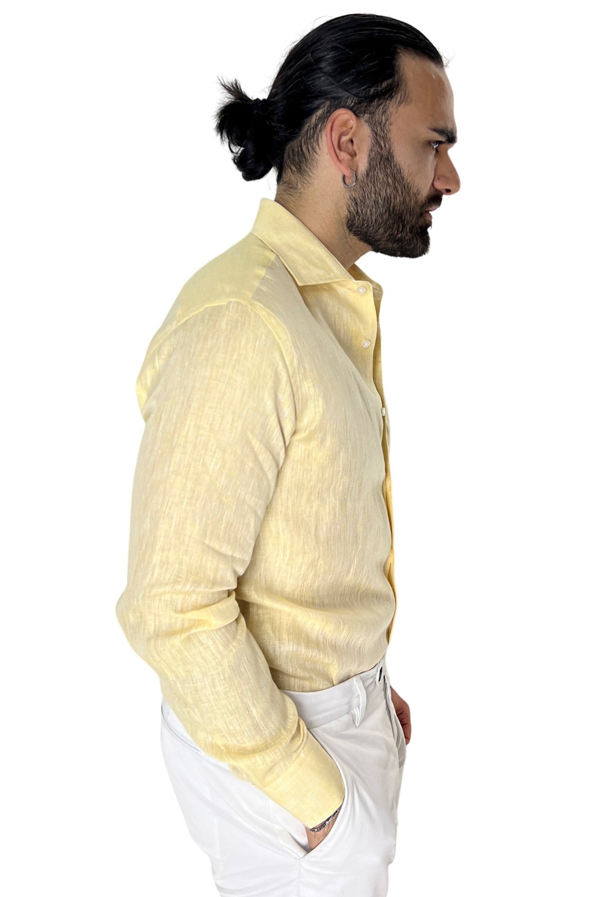 Camicia Uomo Gialla in Lino 100% made in italy collo semi francese morbido regular fit effetto melange