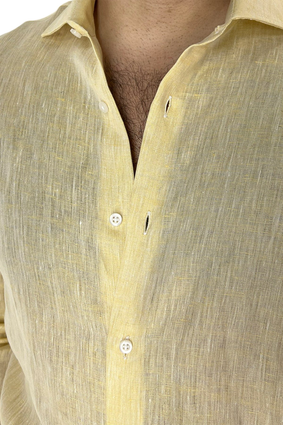 Camicia Uomo Gialla in Lino 100% made in italy collo semi francese morbido regular fit effetto melange