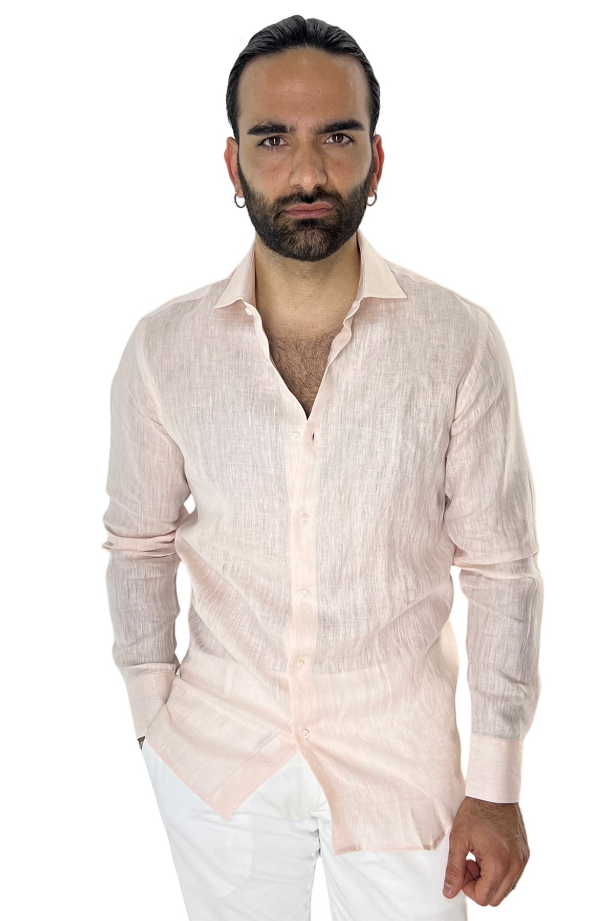 Camicia Uomo rosa in Lino 100% made in italy collo semi francese morbido regular fit