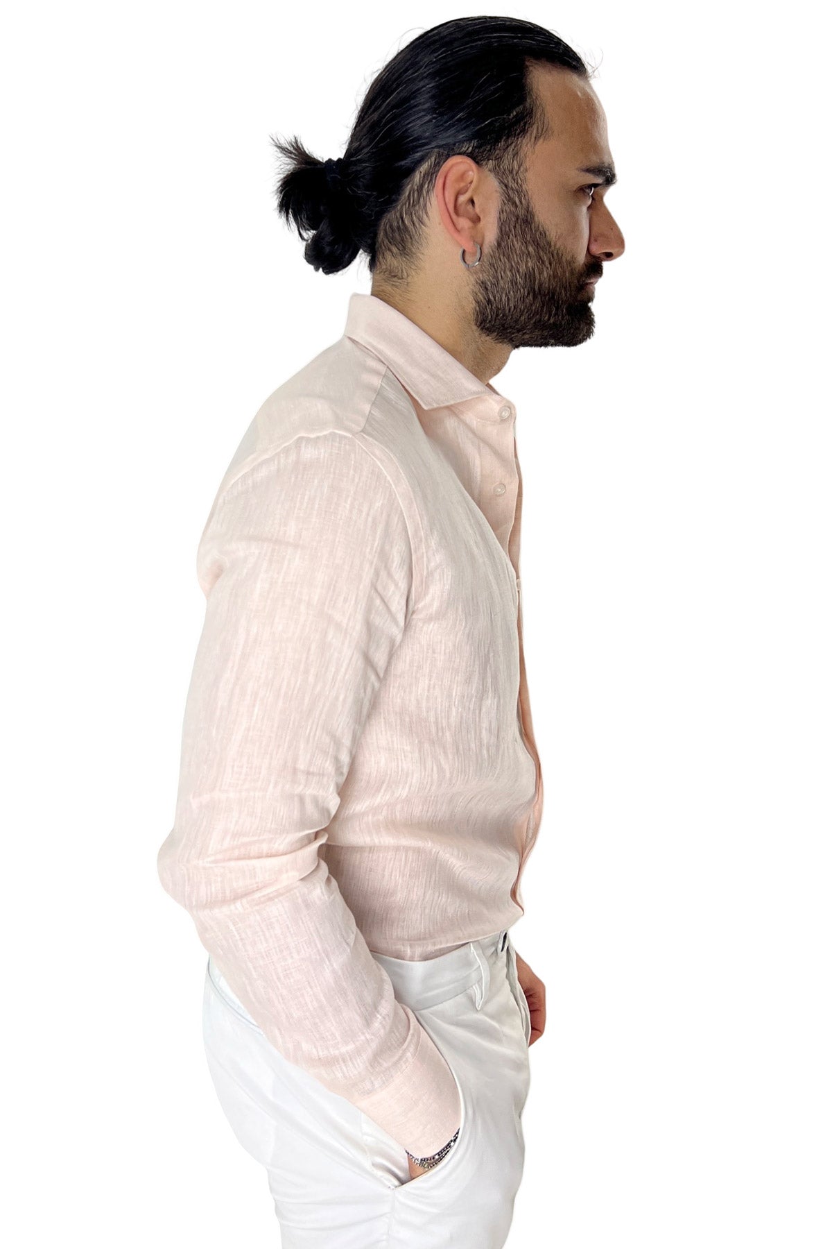 Camicia Uomo rosa in Lino 100% made in italy collo semi francese morbido regular fit