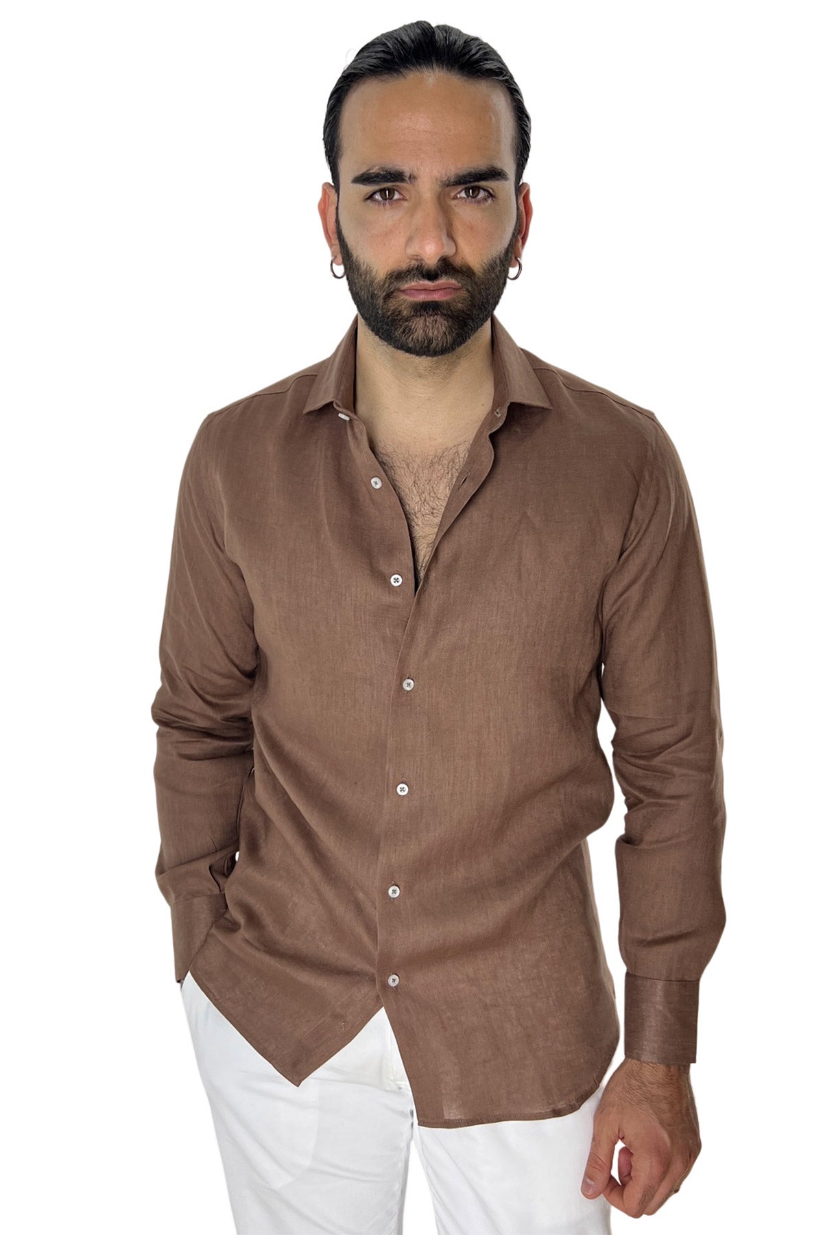 Camicia Uomo Marrone in Lino 100% made in italy collo semi francese morbido regular fit