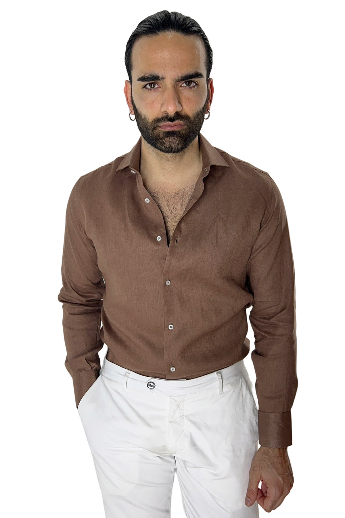 Camicia Uomo Marrone in Lino 100% made in italy collo semi francese morbido regular fit