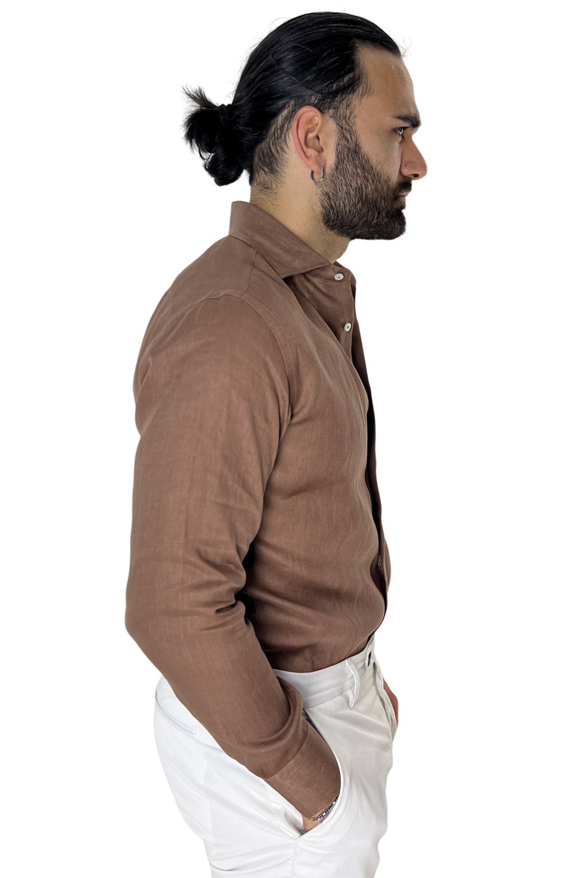 Camicia Uomo Marrone in Lino 100% made in italy collo semi francese morbido regular fit