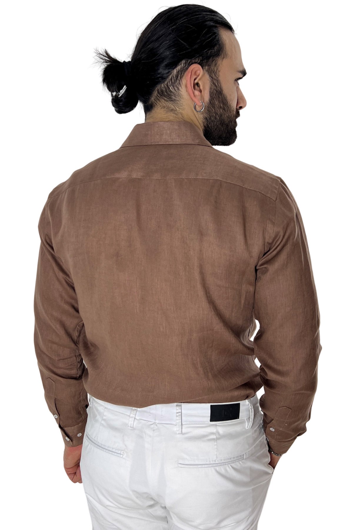 Camicia Uomo Marrone in Lino 100% made in italy collo semi francese morbido regular fit