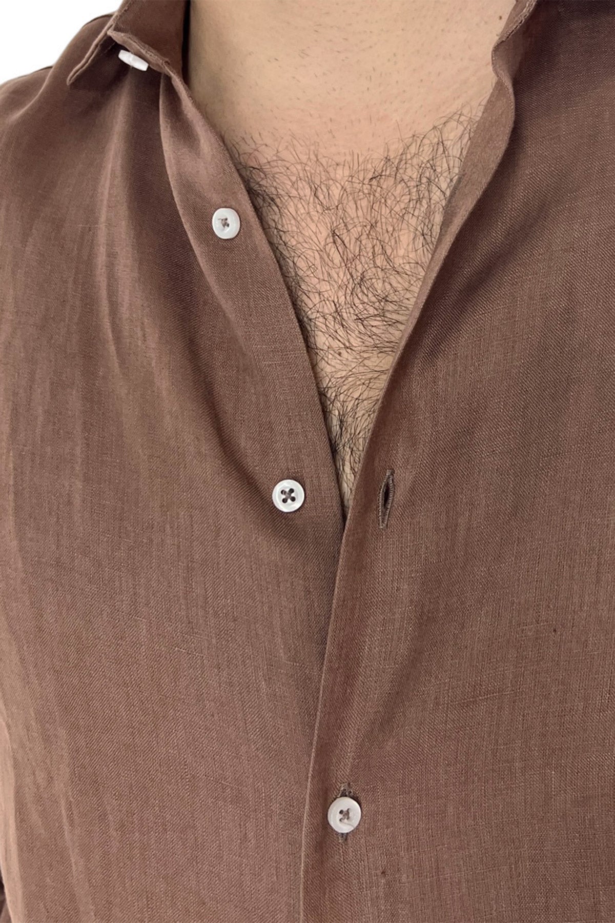 Camicia Uomo Marrone in Lino 100% made in italy collo semi francese morbido regular fit