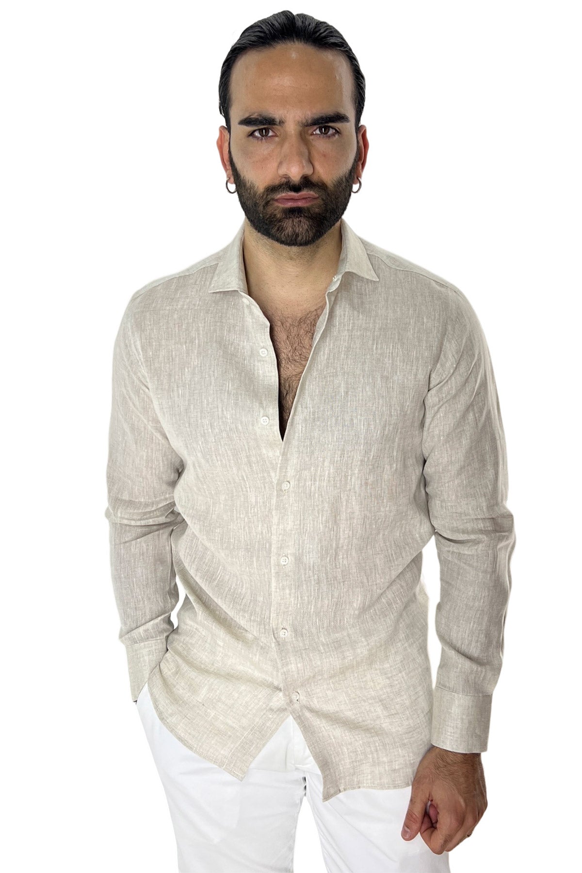Camicia Uomo Beige in Lino 100% made in italy collo semi francese morbido regular fit