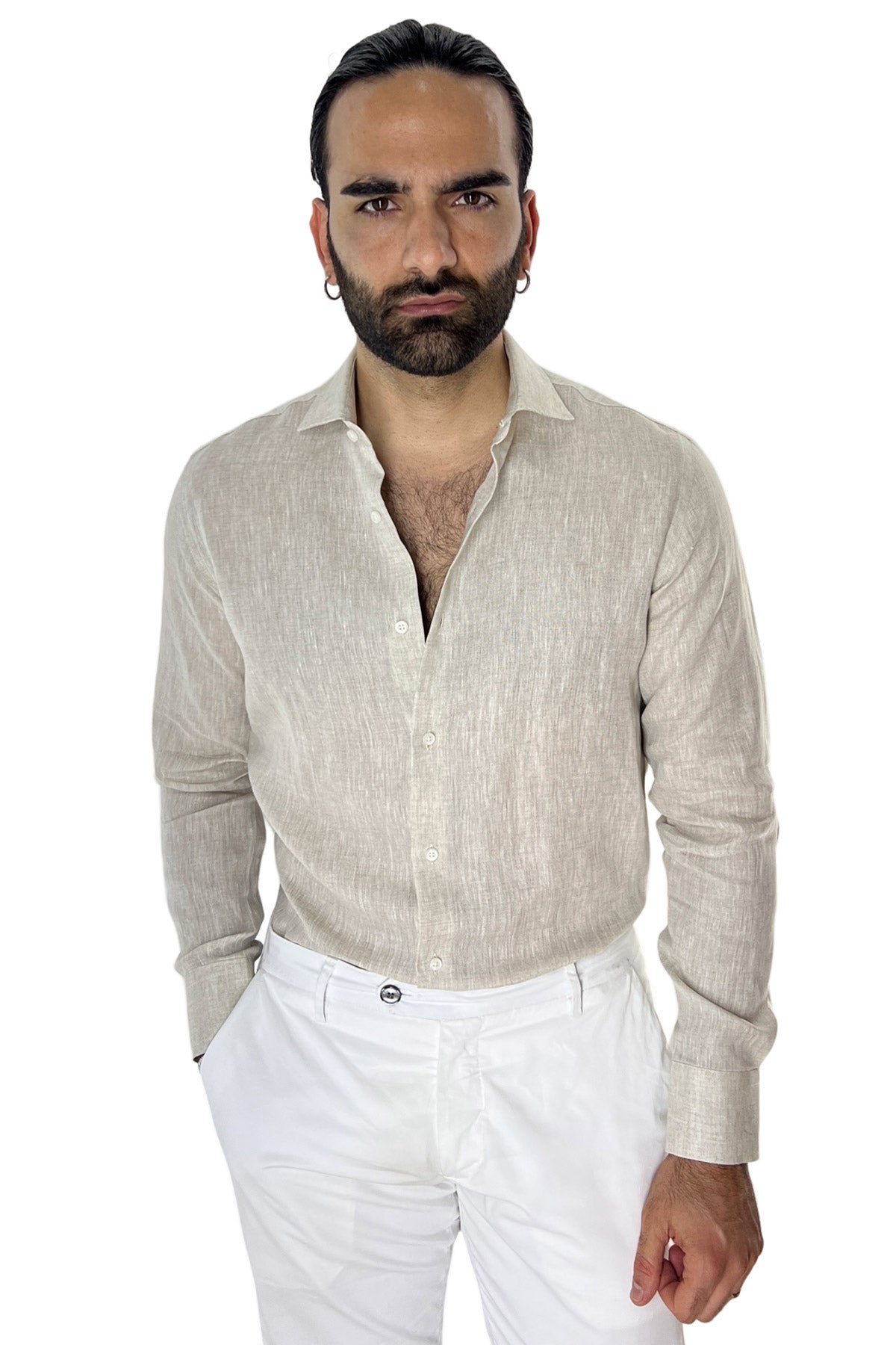 Camicia Uomo Beige in Lino 100% made in italy collo semi francese morbido regular fit