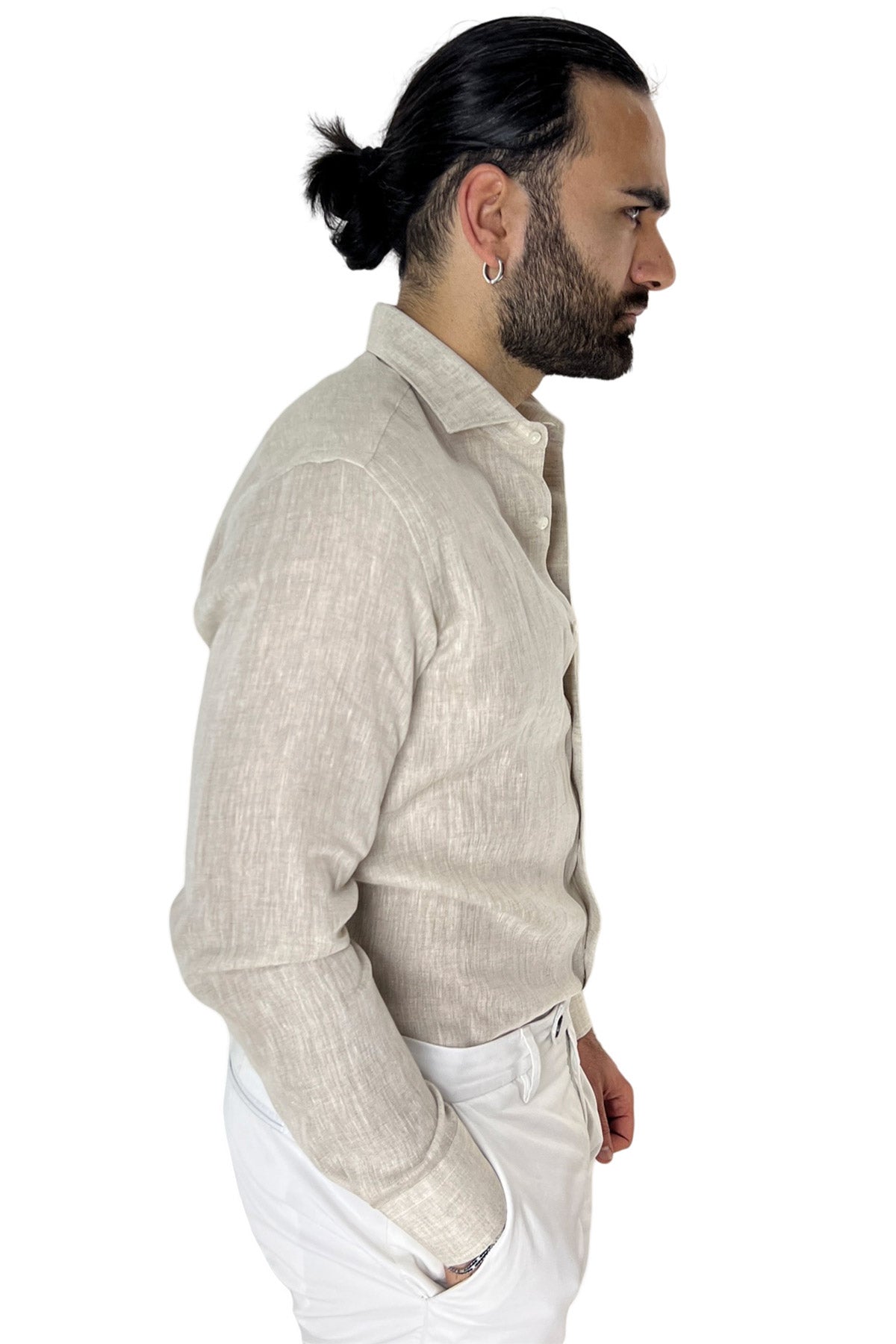 Camicia Uomo Beige in Lino 100% made in italy collo semi francese morbido regular fit