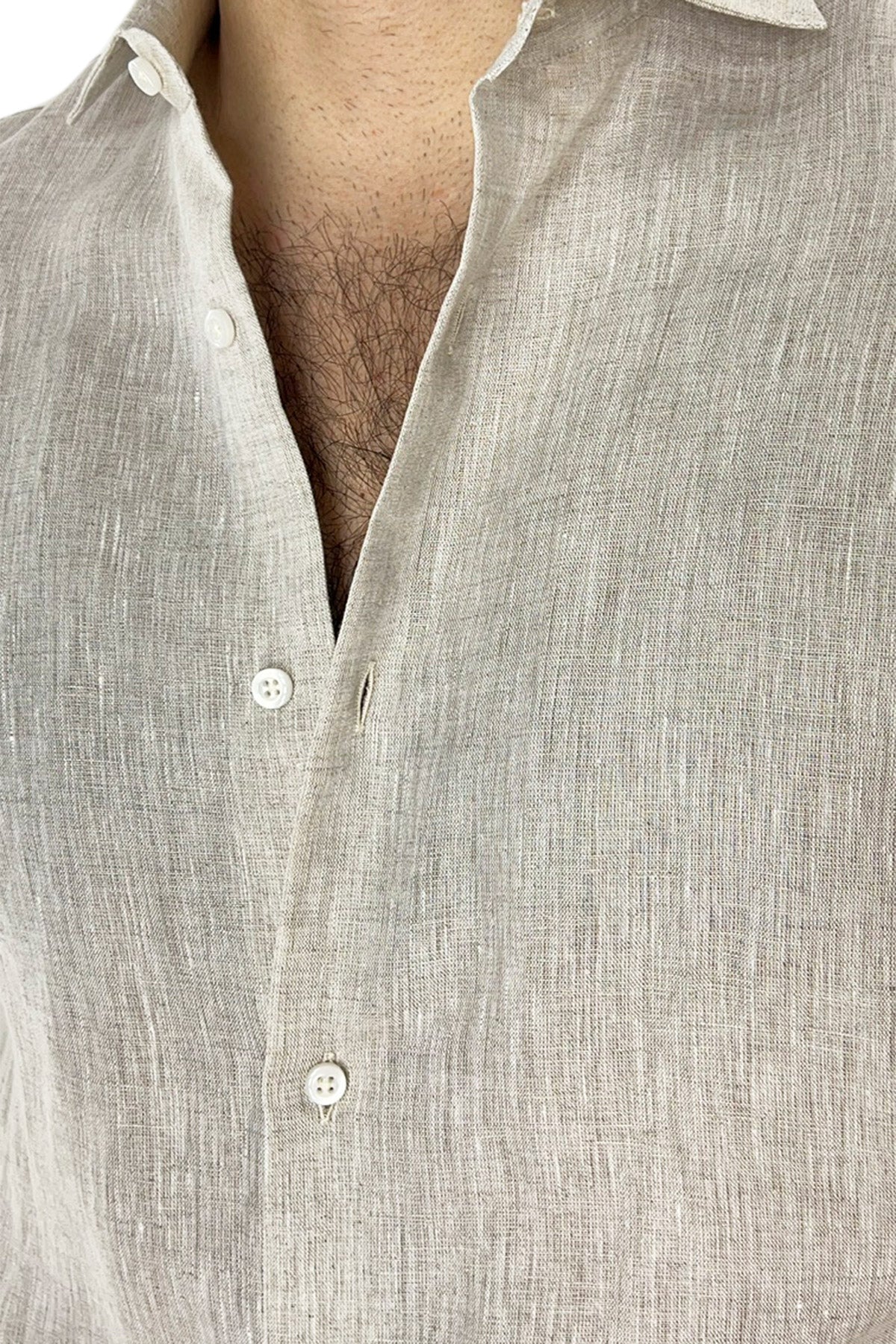Camicia Uomo Beige in Lino 100% made in italy collo semi francese morbido regular fit