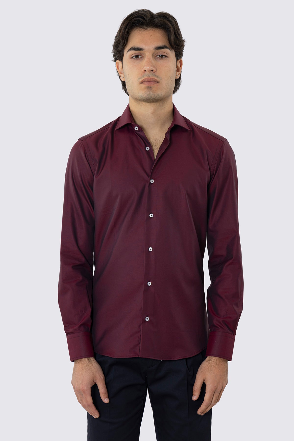 Camicia Uomo slim fit bordeaux blu 100% cotone Tinta unita collo semi francese mileta Tessuti no iron