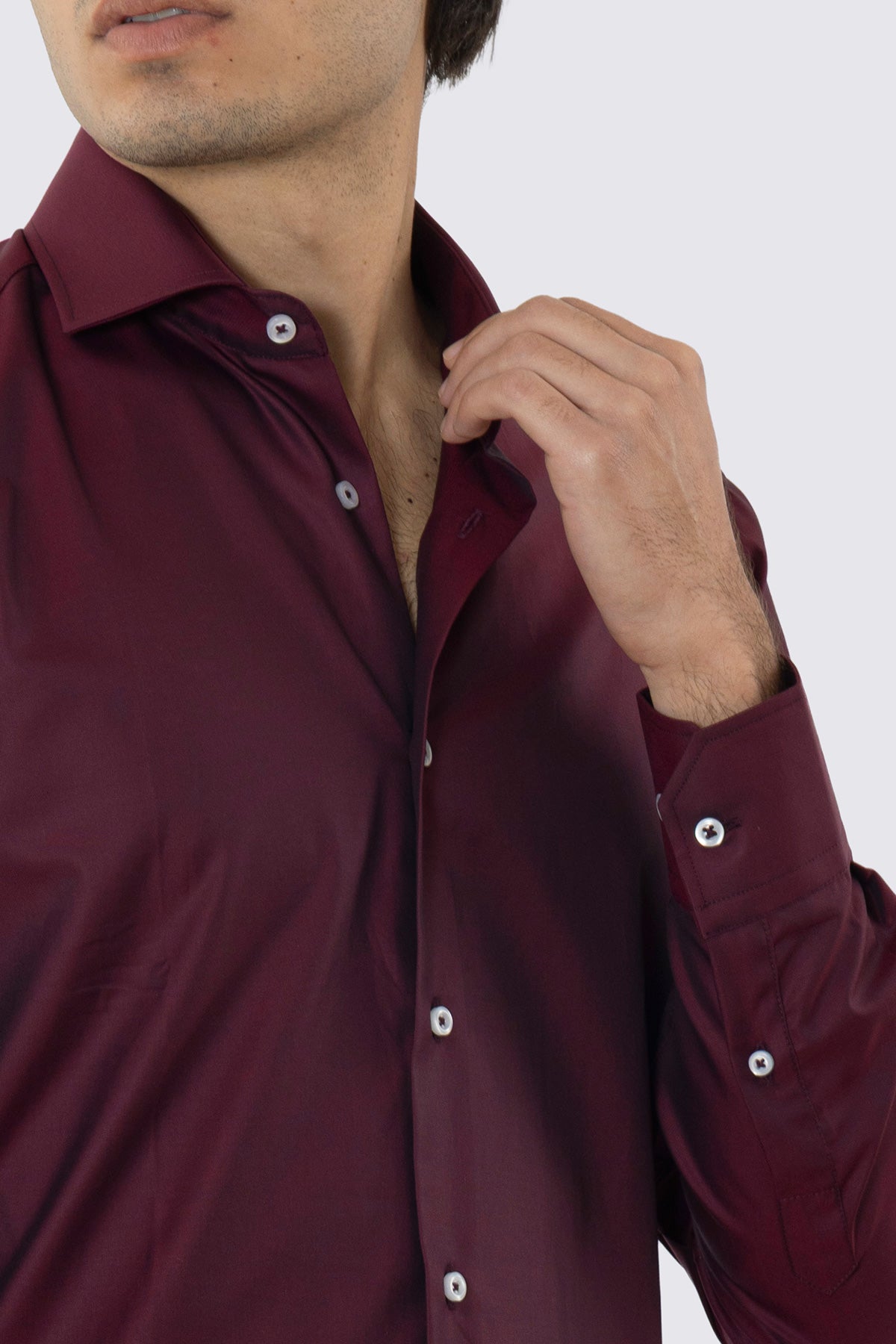 Camicia Uomo slim fit bordeaux blu 100% cotone Tinta unita collo semi francese mileta Tessuti no iron