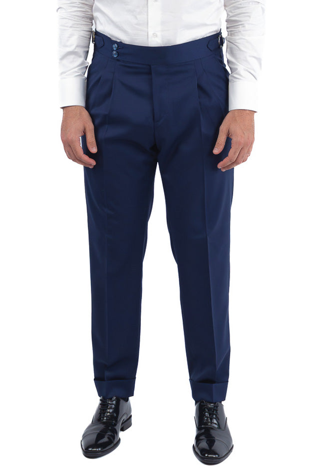 Pantalone uomo royal blu vita alta con fibbie laterali tasca america in fresco lana 100% Vitale Barberis Canonico risvolto 5cm