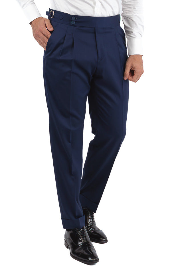 Pantalone uomo royal blu vita alta con fibbie laterali tasca america in fresco lana 100% Vitale Barberis Canonico risvolto 5cm