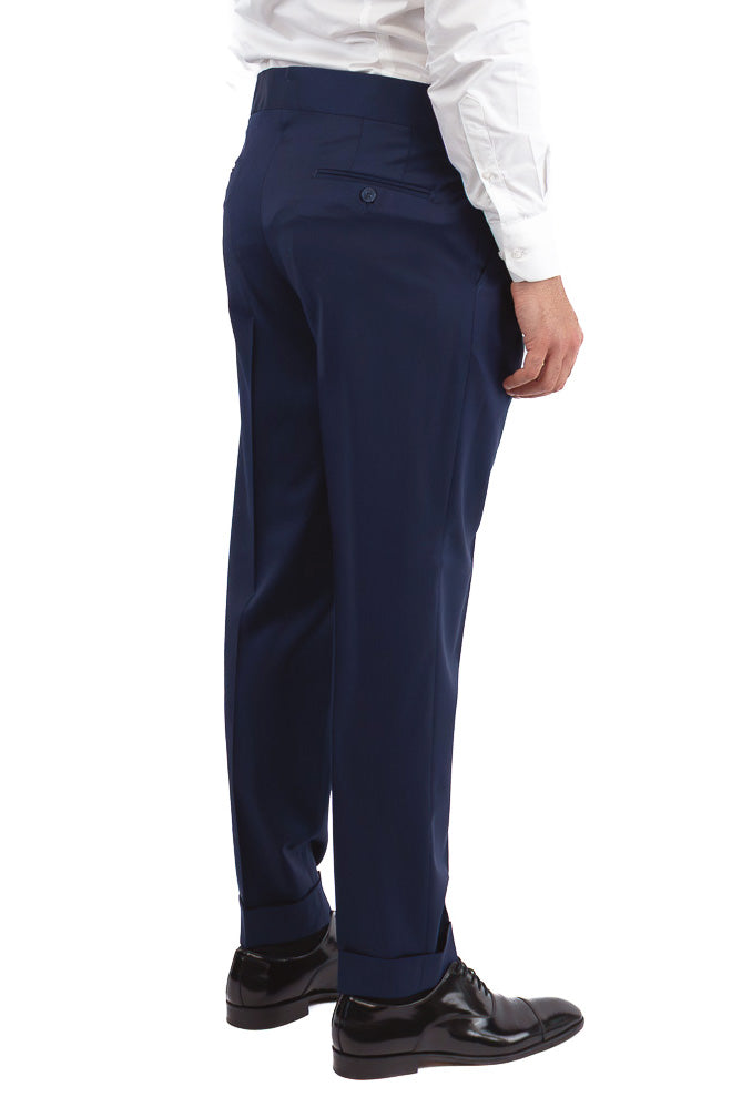 Pantalone uomo royal blu vita alta con fibbie laterali tasca america in fresco lana 100% Vitale Barberis Canonico risvolto 5cm
