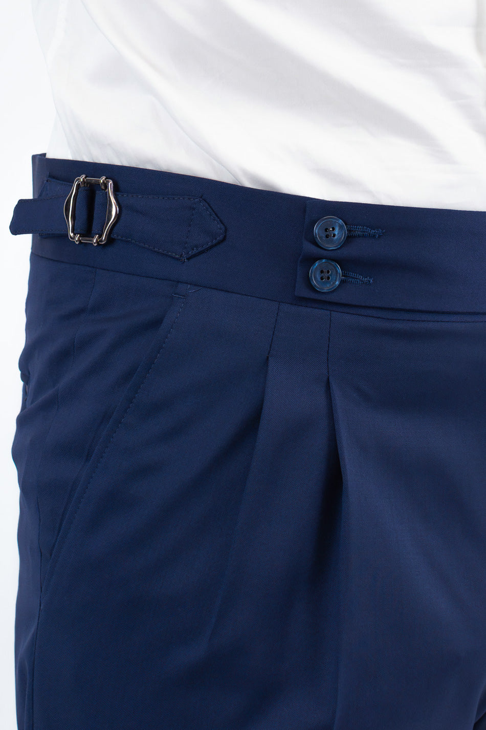 Pantalone uomo royal blu vita alta con fibbie laterali tasca america in fresco lana 100% Vitale Barberis Canonico risvolto 5cm