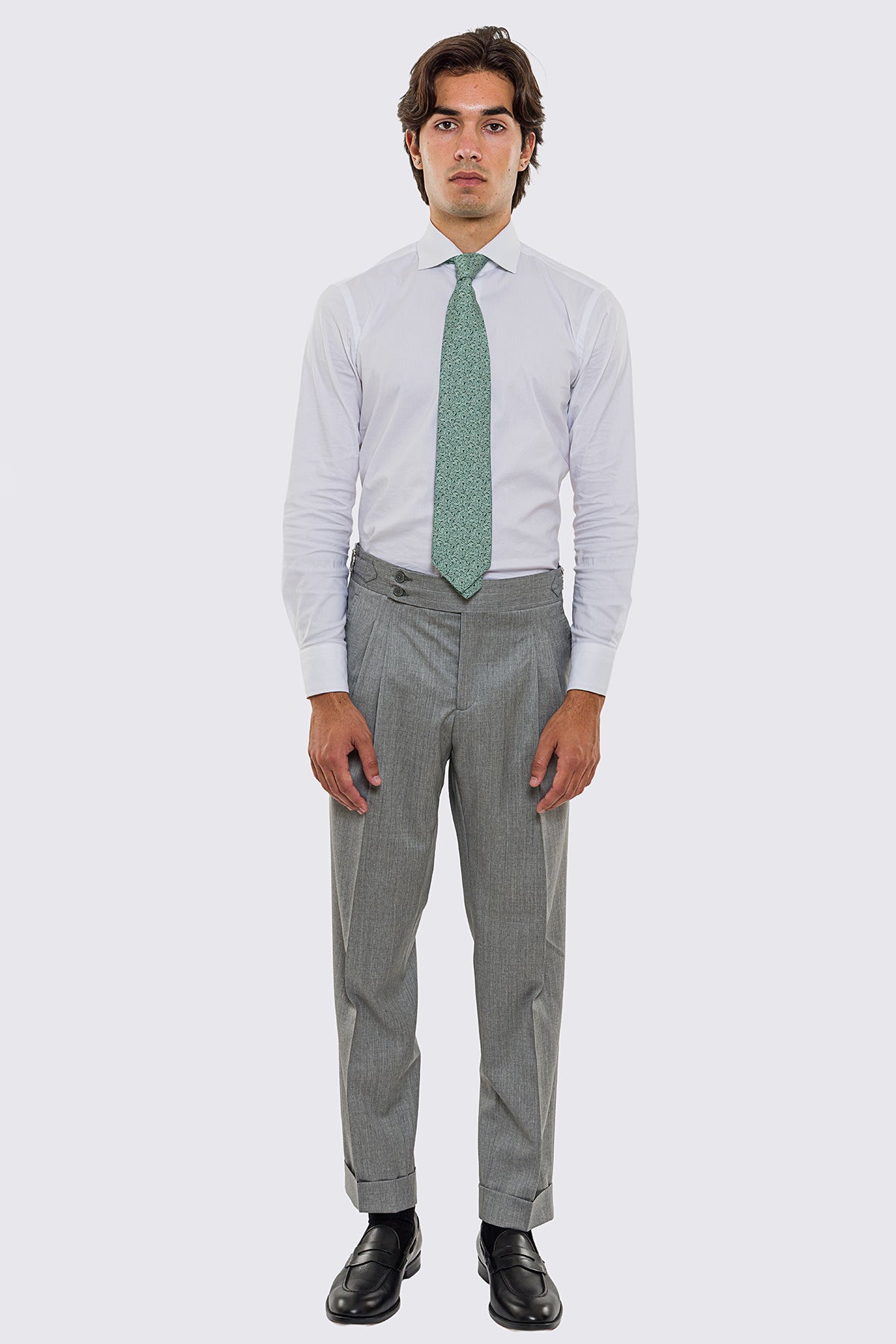 Pantalone uomo grigio chiaro fresco lana Vitale Barberis vita alta con 2 pinces - fibbie laterali e risvolto 5cm