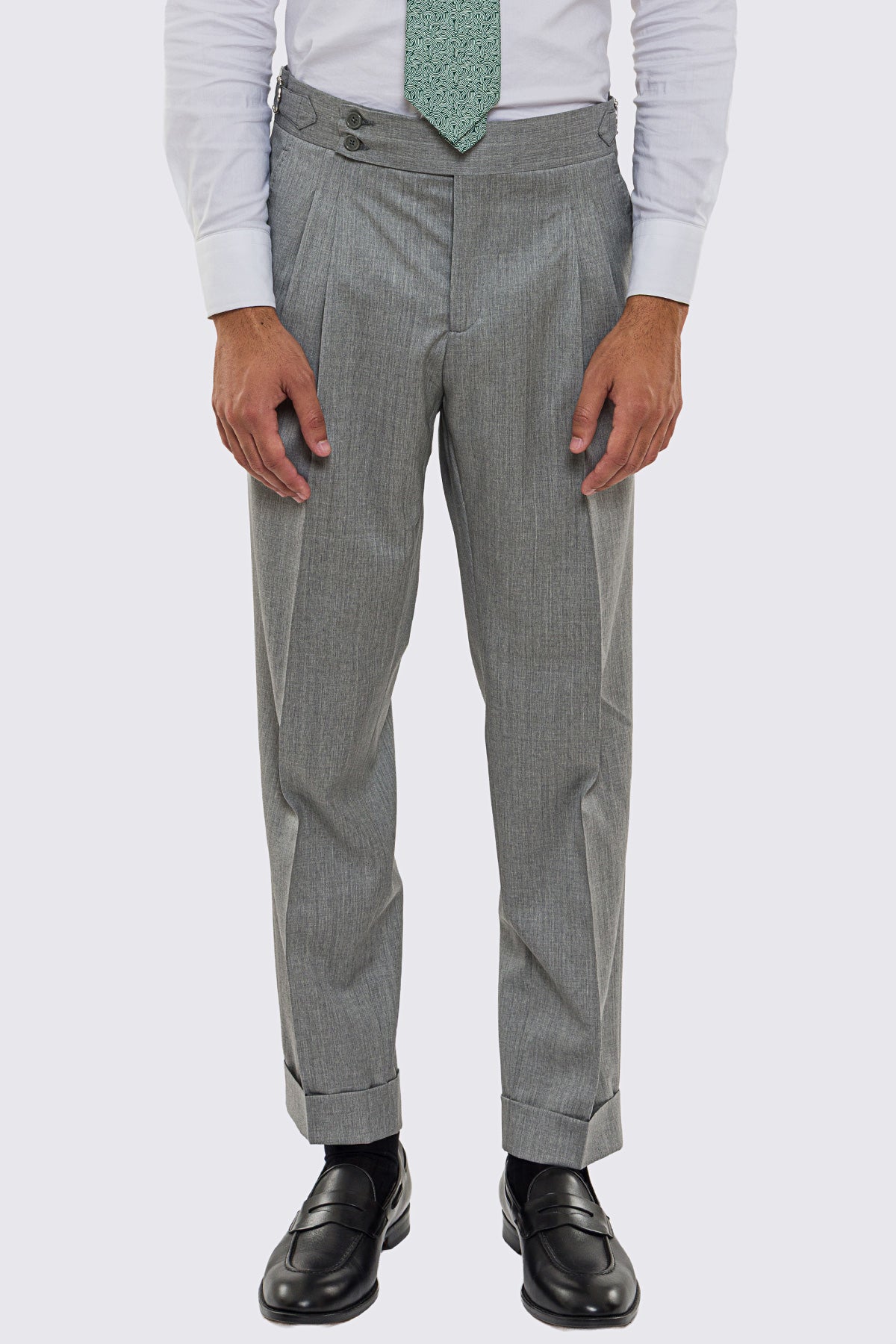 Pantalone uomo grigio chiaro fresco lana Vitale Barberis vita alta con 2 pinces - fibbie laterali e risvolto 5cm