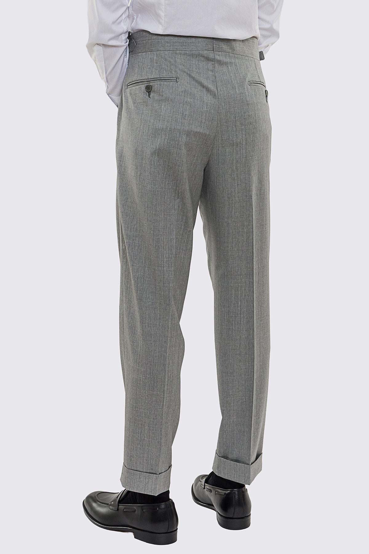 Pantalone uomo grigio chiaro fresco lana Vitale Barberis vita alta con 2 pinces - fibbie laterali e risvolto 5cm