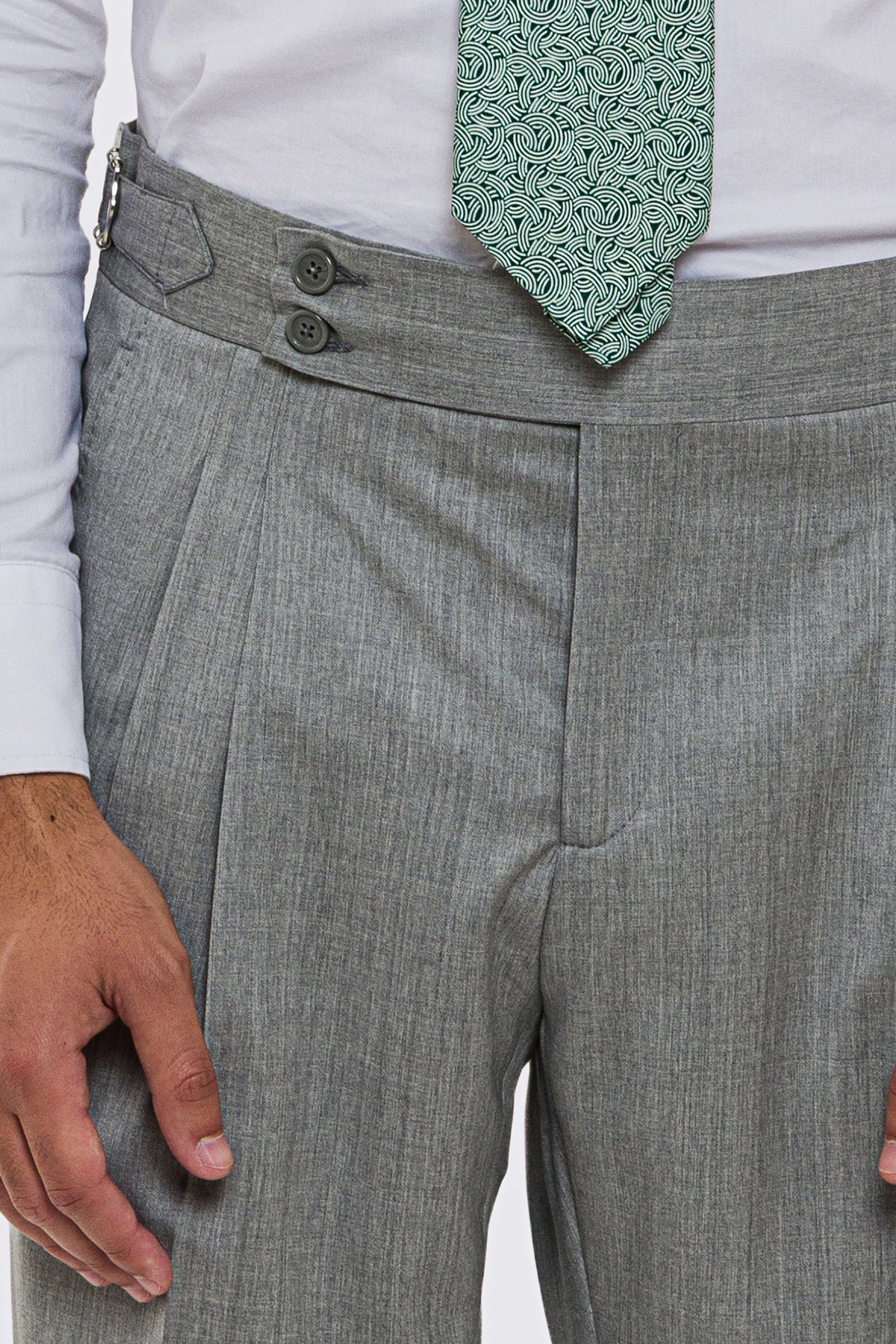 Pantalone uomo grigio chiaro fresco lana Vitale Barberis vita alta con 2 pinces - fibbie laterali e risvolto 5cm