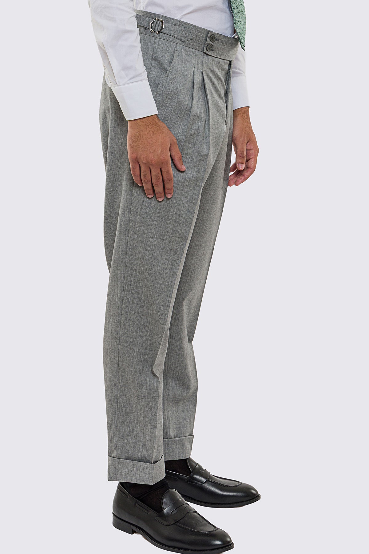 Pantalone uomo grigio chiaro fresco lana Vitale Barberis vita alta con 2 pinces - fibbie laterali e risvolto 5cm