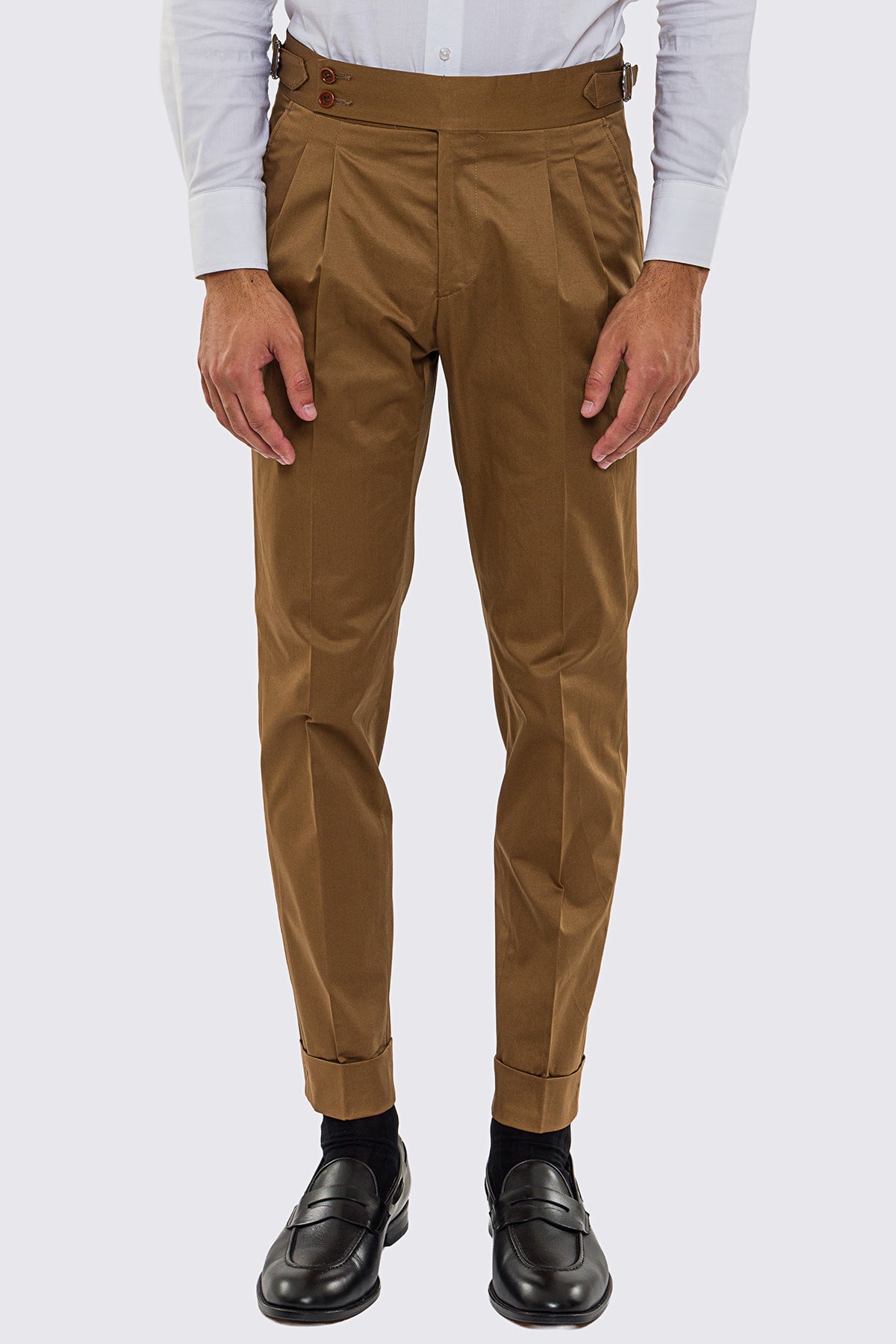 Pantalone uomo Coccio vita alta fibbie laterali tasca america in cotone risvolto 5cm made in italy