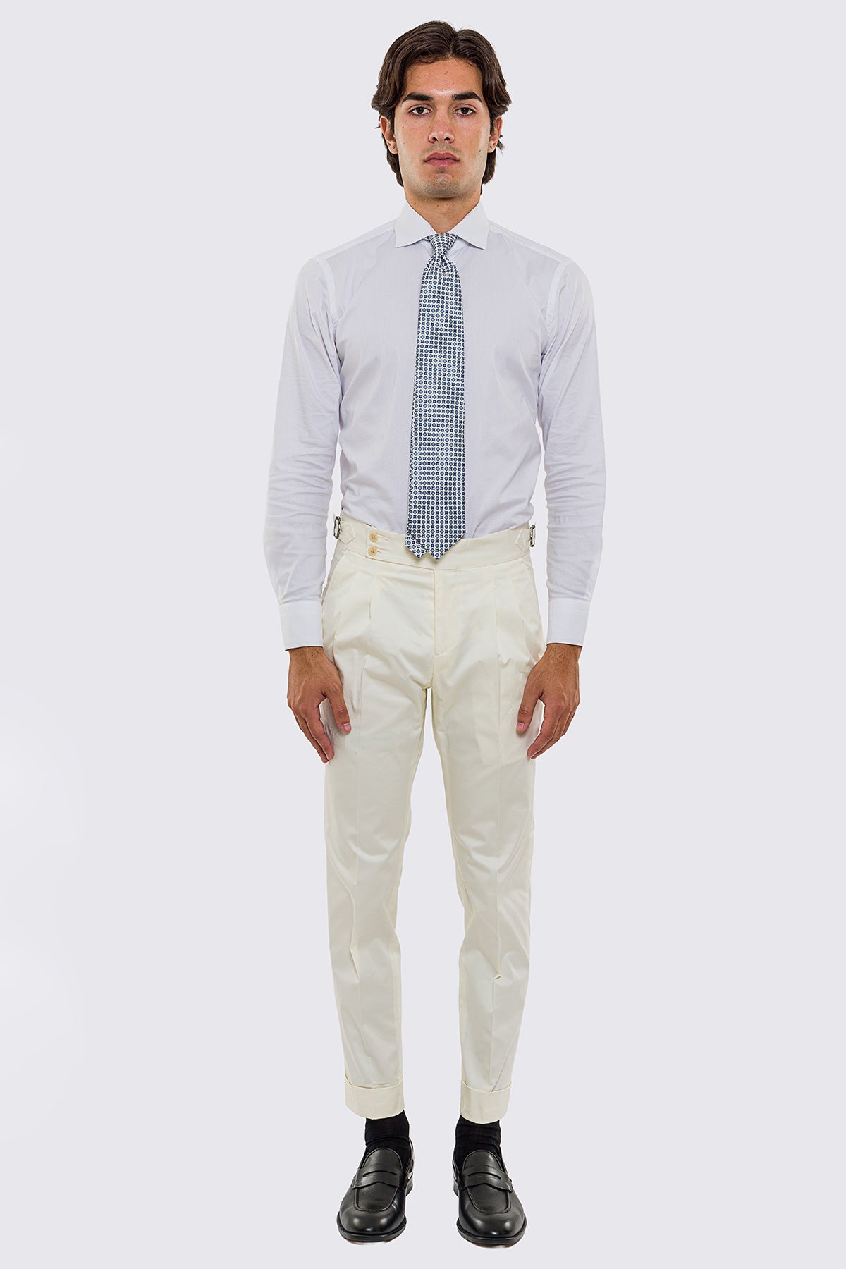Pantalone uomo panna vita alta con fibbie laterali tasca america in cotone risvolto 5cm made in italy