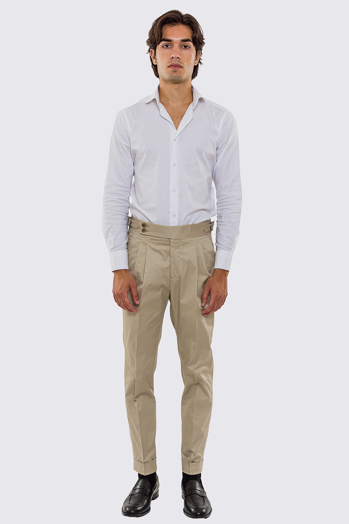 Pantalone uomo Beige vita alta con fibbie laterali tasca america in cotone risvolto 5cm made in italy