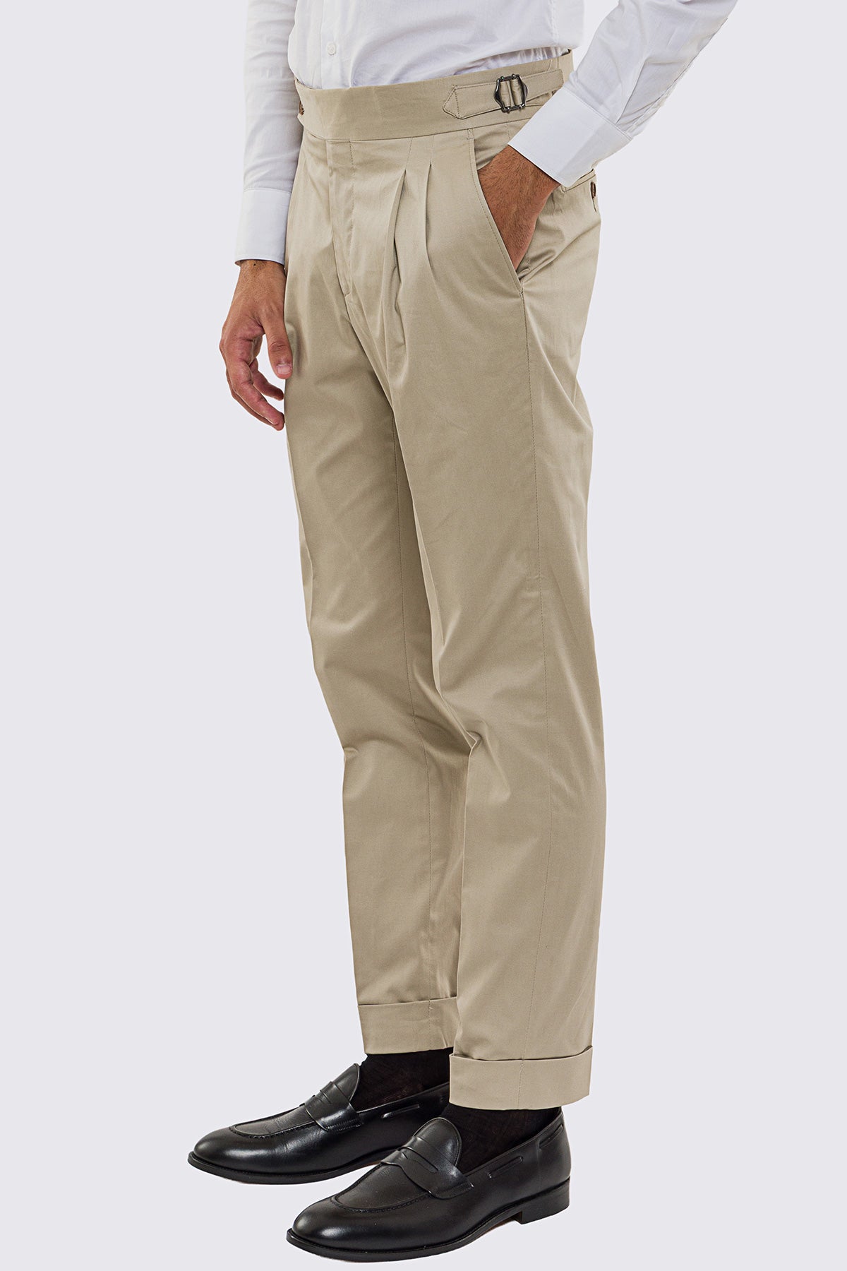 Pantalone uomo Beige vita alta con fibbie laterali tasca america in cotone risvolto 5cm made in italy
