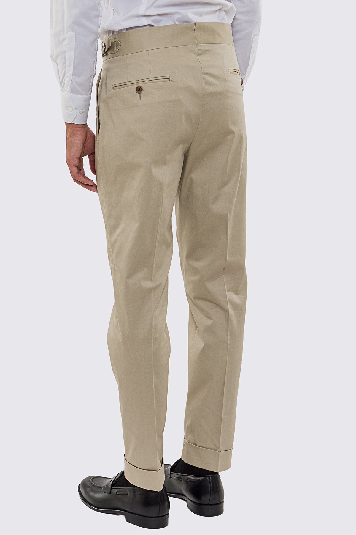 Pantalone uomo Beige vita alta con fibbie laterali tasca america in cotone risvolto 5cm made in italy