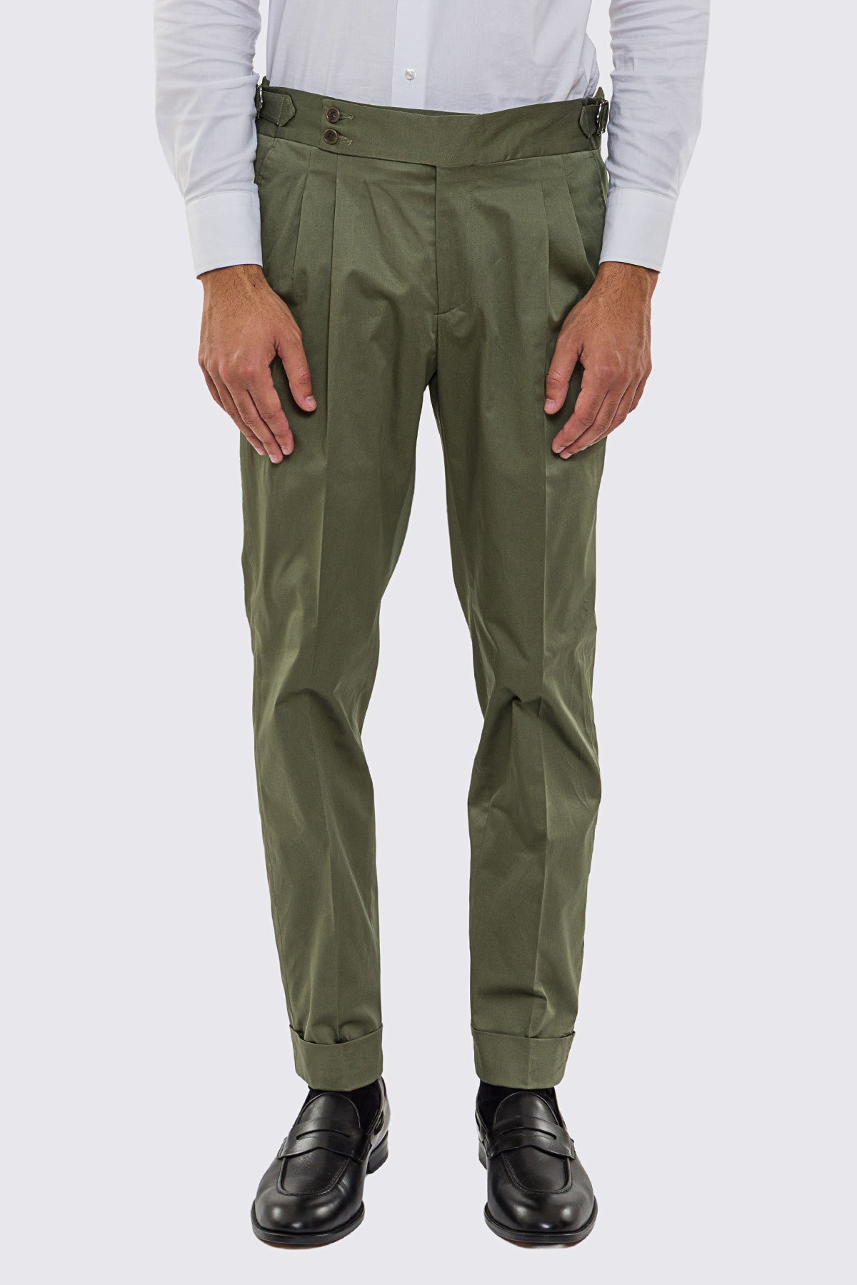 Pantalone uomo verde militare vita alta fibbie laterali tasca america in cotone risvolto 5cm made in Italy