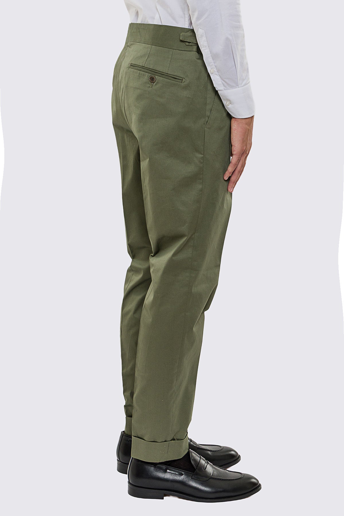 Abito uomo Monopetto verde militare in cotone leggermente elastico sfoderata Rever classico 11 cm tasche a toppe