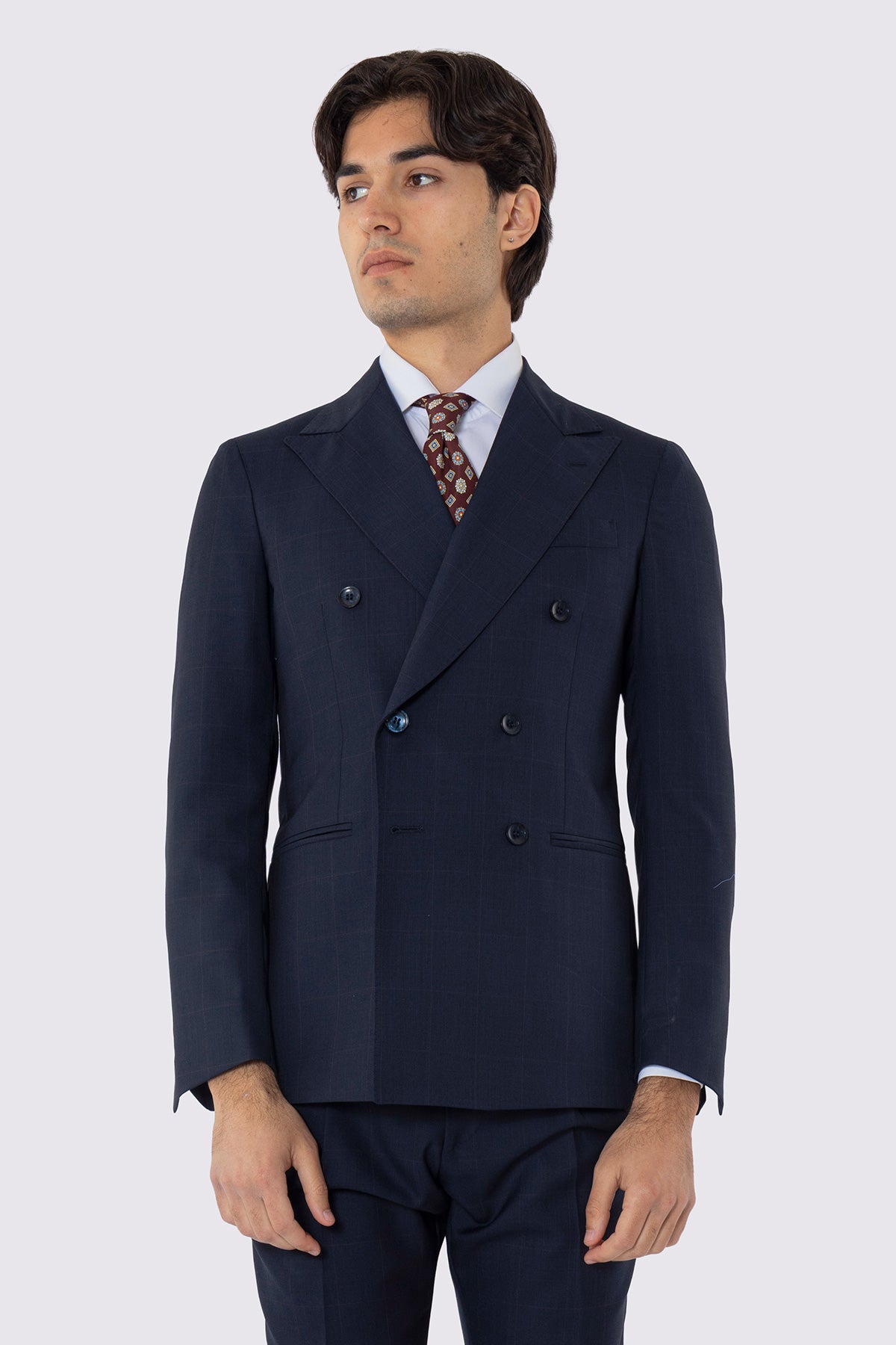 Giacca uomo doppiopetto blu quadro rosso fresco lana super 120's Holland & Sherry Rever largo a lancia