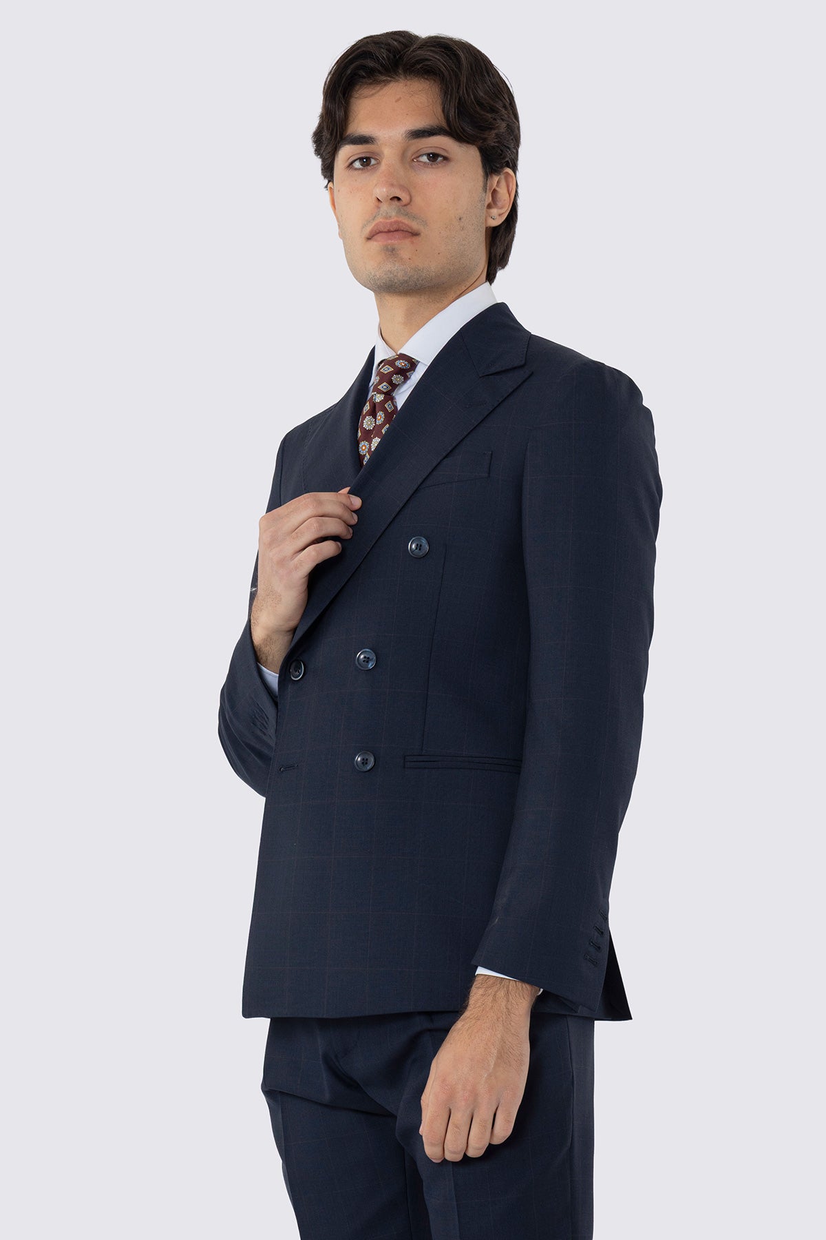 Giacca uomo doppiopetto blu quadro rosso fresco lana super 120's Holland & Sherry Rever largo a lancia