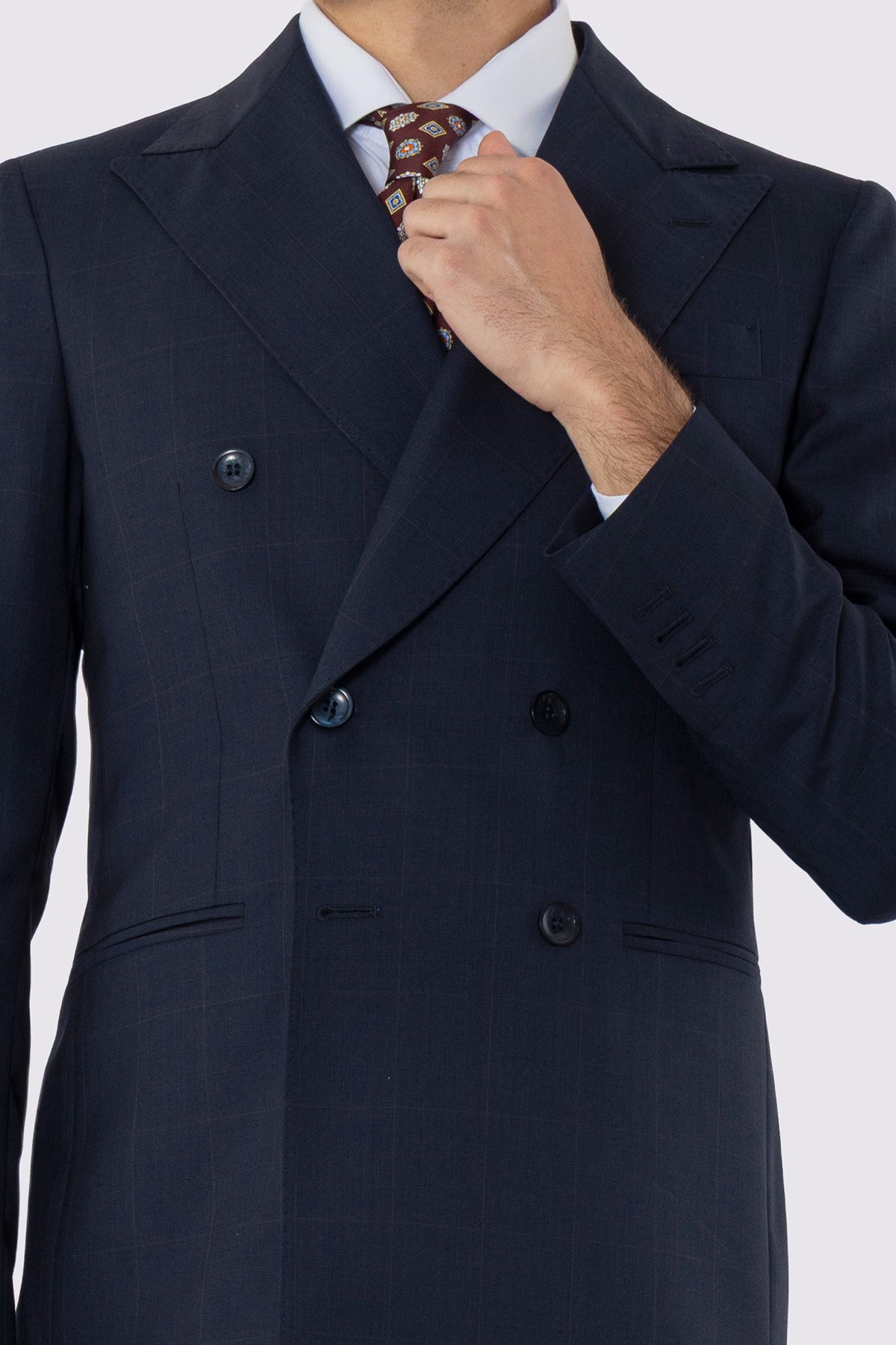 Abito uomo doppiopetto blu quadro rosso fresco lana super 120's Holland & Sherry Rever largo a lancia