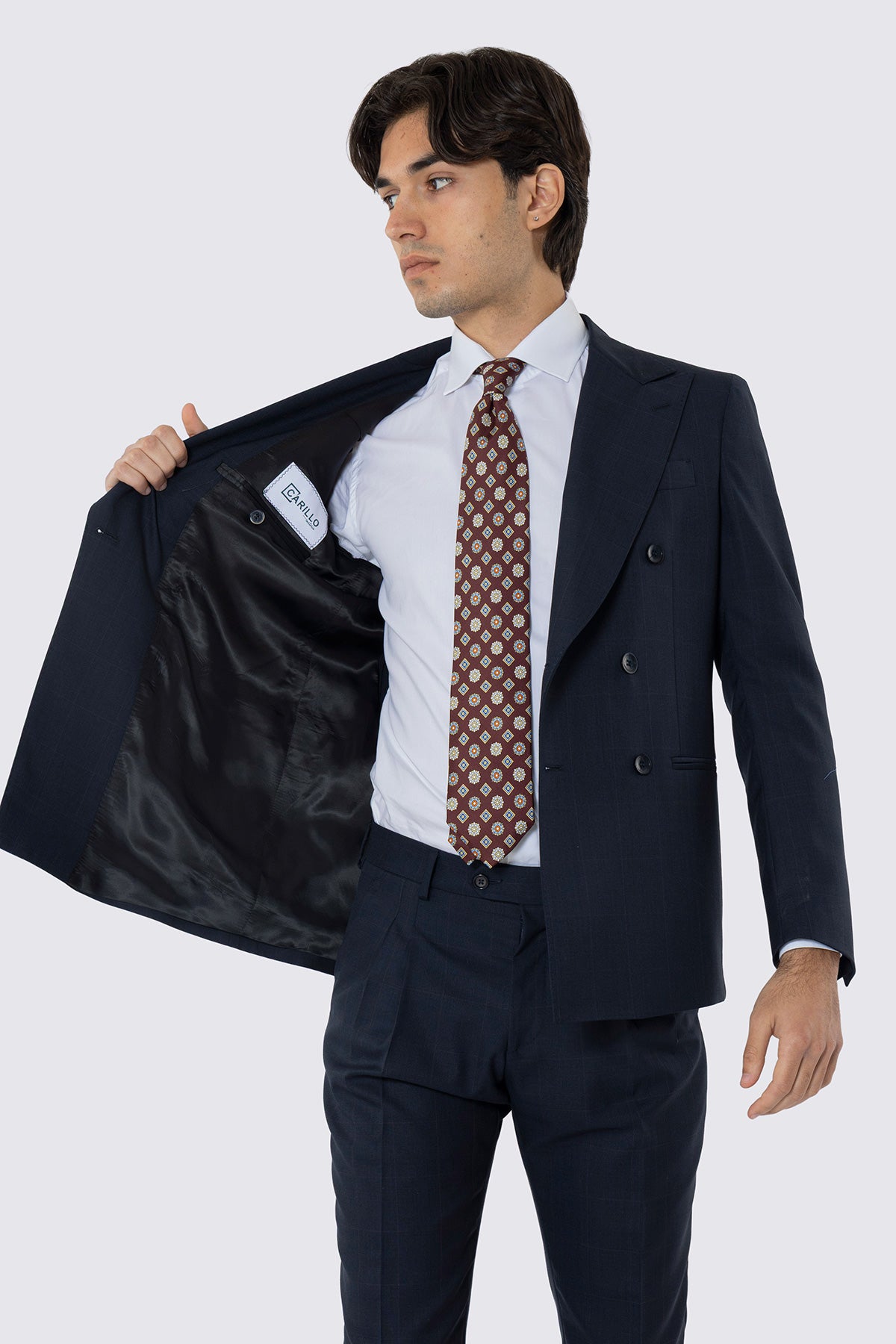 Giacca uomo doppiopetto blu quadro rosso fresco lana super 120's Holland & Sherry Rever largo a lancia