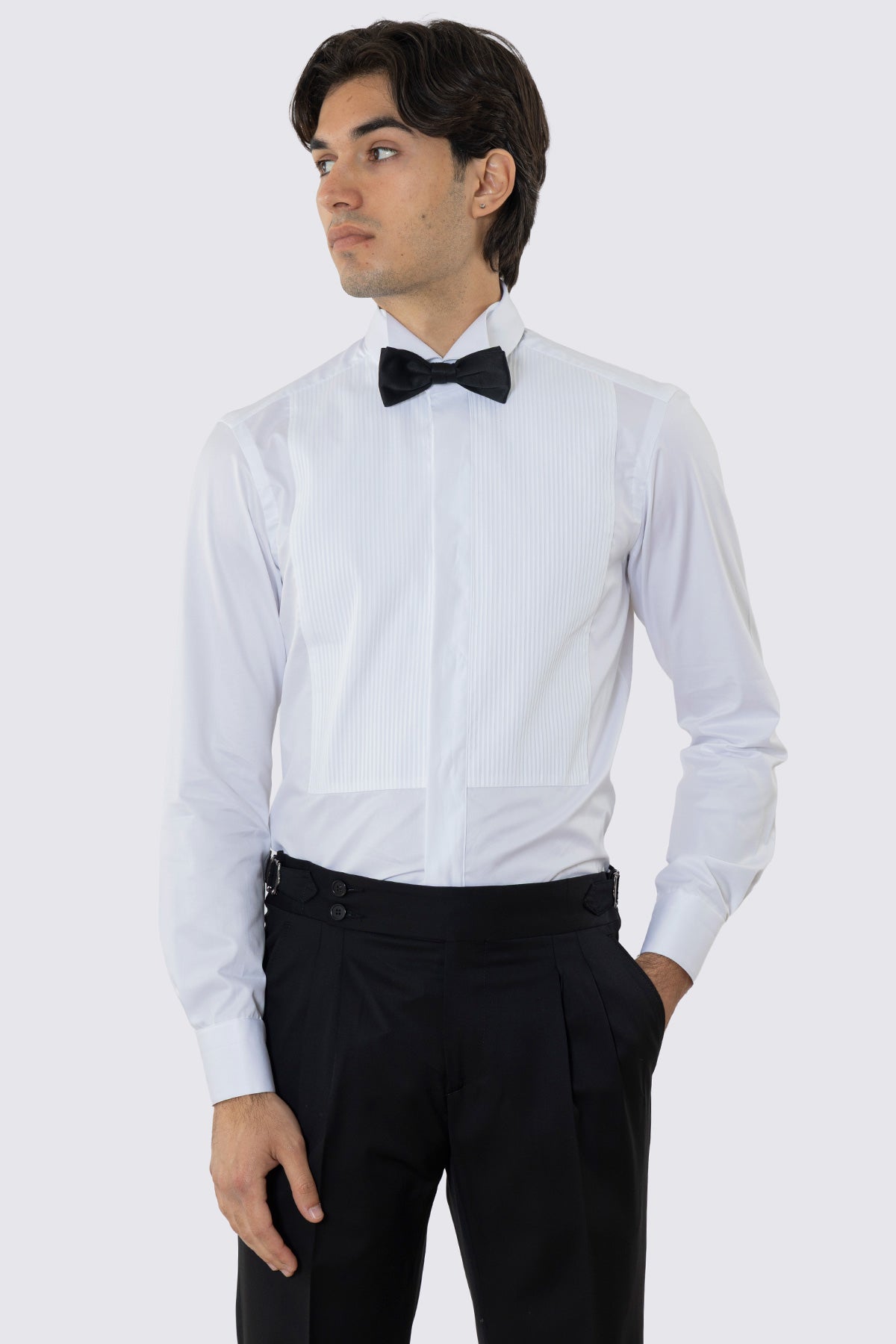 Camicia Bianca collo diplomatico con plissè bottoni a scomparsa 100% Cotone Da uomo polso gemelli fintone a scomparsa dietro al collo per papillon slim fit 4 passaggi a mano