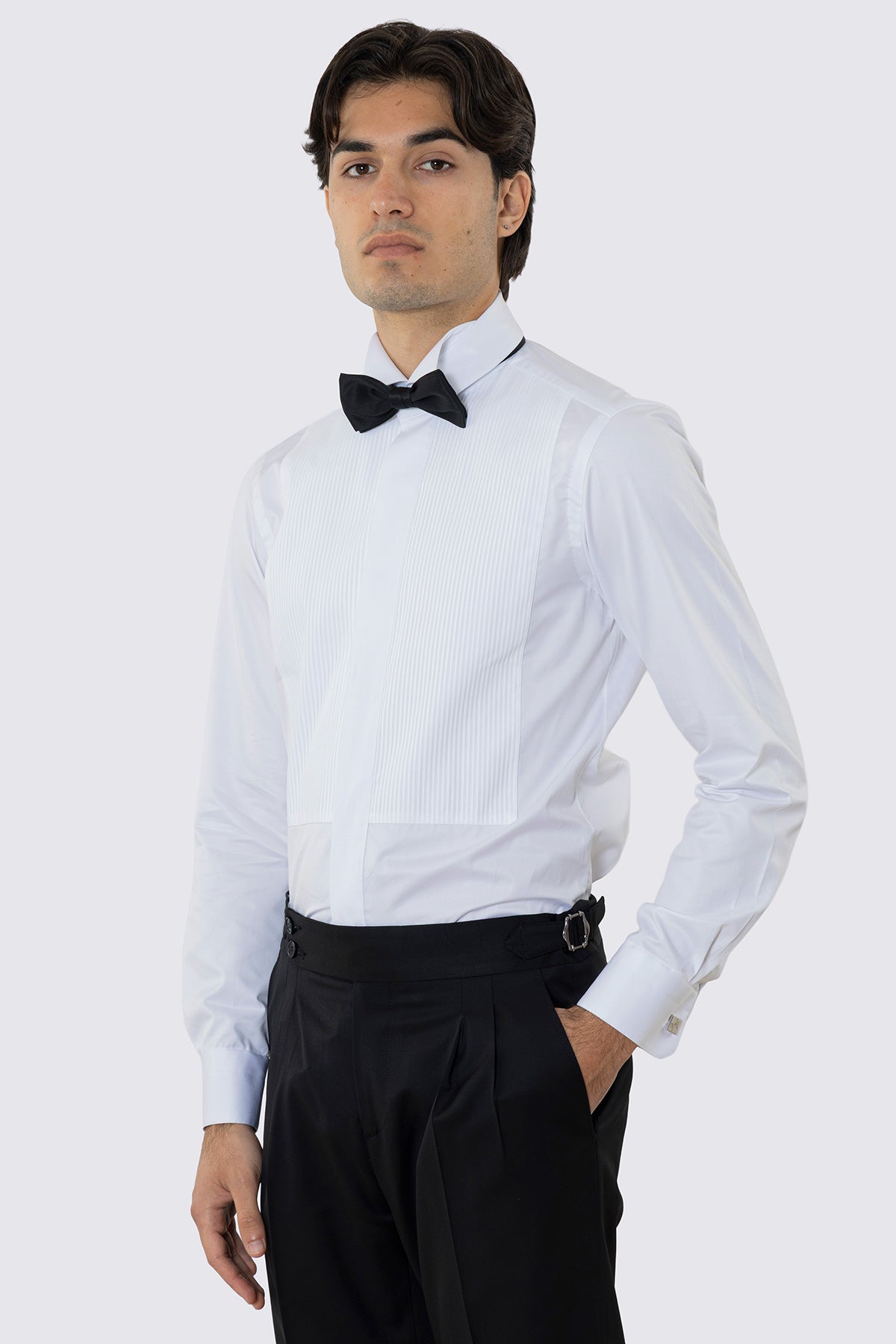 Camicia Bianca collo diplomatico con plissè bottoni a scomparsa 100% Cotone Da uomo polso gemelli fintone a scomparsa dietro al collo per papillon slim fit 4 passaggi a mano
