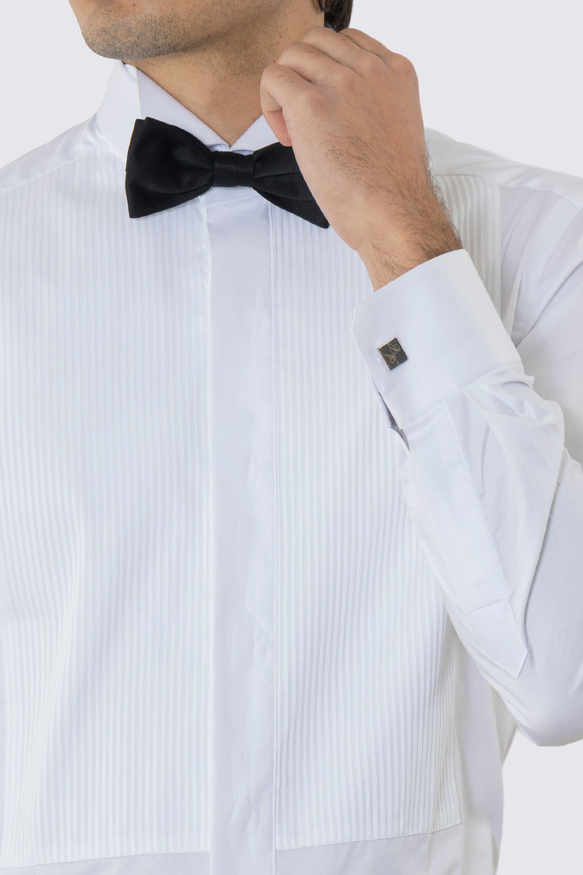 Camicia Bianca collo diplomatico con plissè bottoni a scomparsa 100% Cotone Da uomo polso gemelli fintone a scomparsa dietro al collo per papillon slim fit 4 passaggi a mano