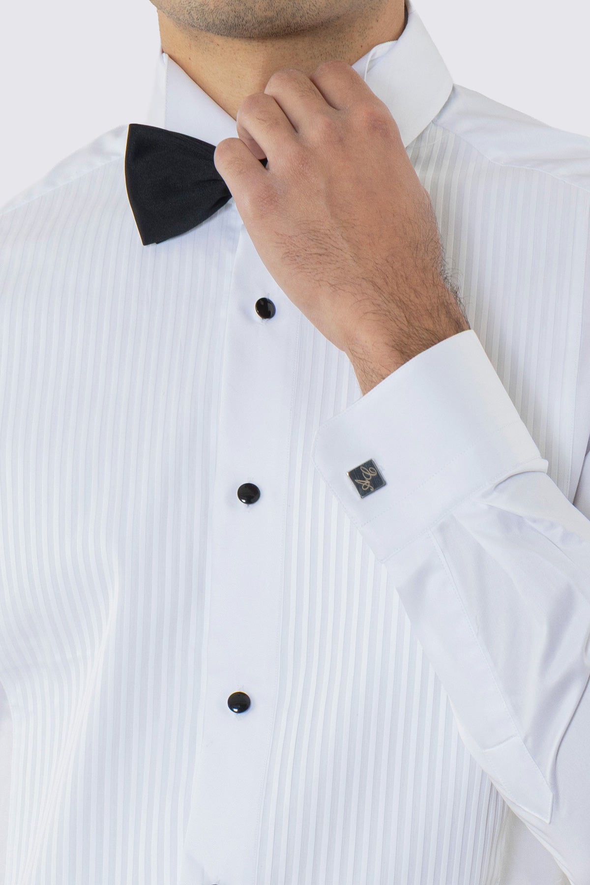 Camicia Bianca collo diplomatico con plissè bottoni neri in contrasto 100% Cotone Da uomo polso gemelli fintone a scomparsa dietro al collo per papillon slim fit 4 passaggi a mano