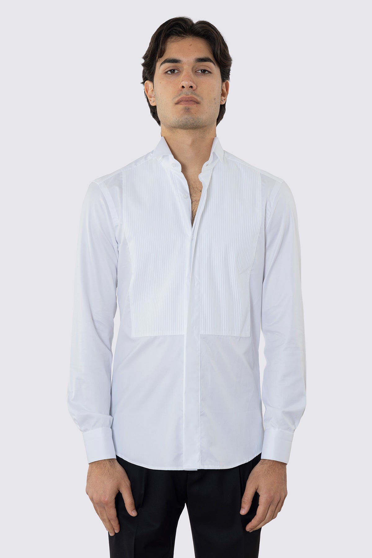 Camicia Bianca collo diplomatico con plissè bottoni neri in contrasto 100% Cotone Da uomo polso gemelli fintone a scomparsa dietro al collo per papillon slim fit 4 passaggi a mano
