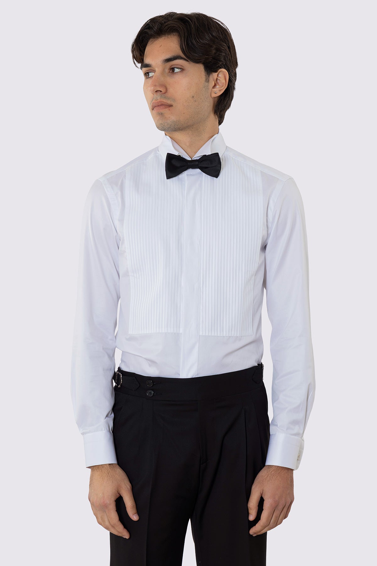Camicia Bianca collo diplomatico con plissè bottoni a scomparsa 100% Cotone Da uomo polso gemelli fintone a scomparsa dietro al collo per papillon slim fit 4 passaggi a mano